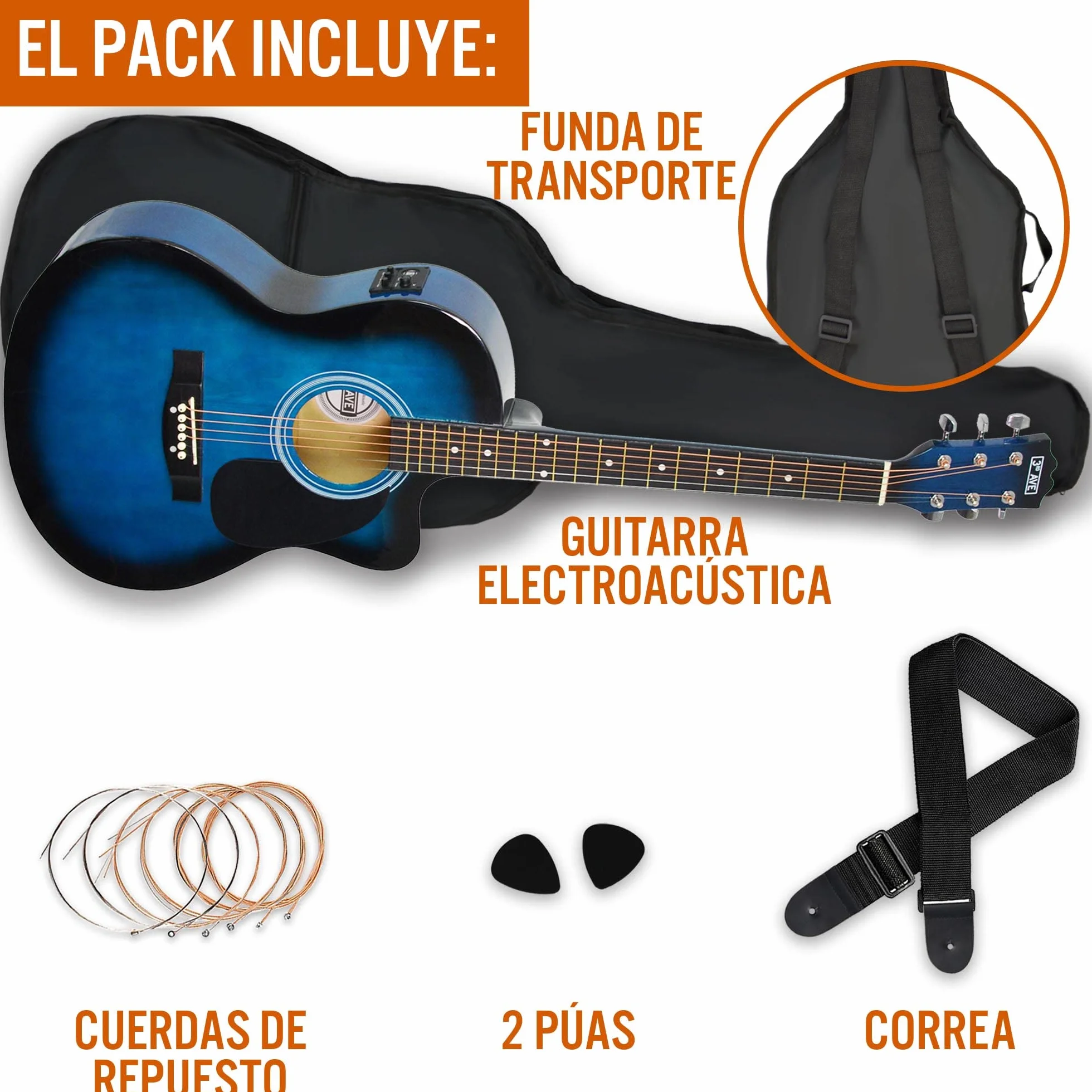 3rd Avenue Pack de guitarra electroacústica con cortadura de tamaño estándar 4/4 para principiantes de 3rd Avenue, afinador integrado y ecualizador, Azul