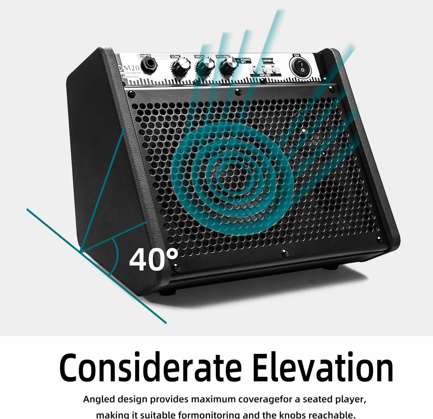 Coolmusic DM20 Bluetooth Amplificador de Monitor Personal Amplificador de Tambor eléctrico Altavoz, Teclado y Altavoz de Guitarra acústica (20W con Cable)
