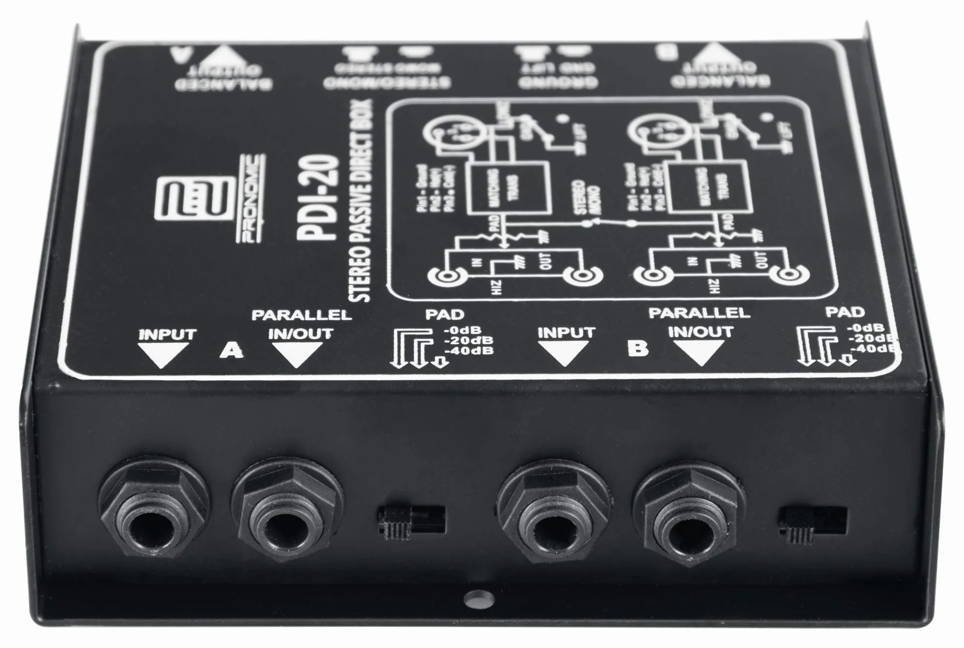 Pronomic PDI-20 caja DI pasiva estéreo - Rango de frecuencia: 15 Hz - 30 kHz - Interruptor estéreo/mono - Interruptor de atenuación - Ground-Lift - negro