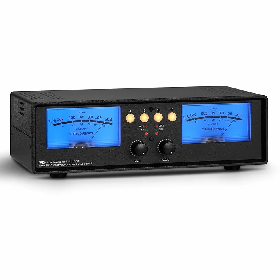 Analógico para medidor dual VU con micrófono de entrada y divisor de audio estéreo, caja de conmutación para oficina en casa, estudio, retroiluminación amarilla/azul