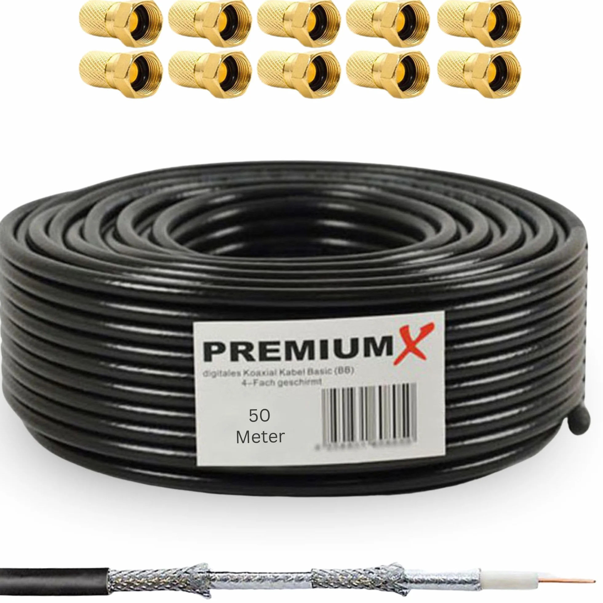 Cable coaxial BASIC negro 50m 135dB 4 veces apantallado CCS para antena TV satélite 10x enchufe F