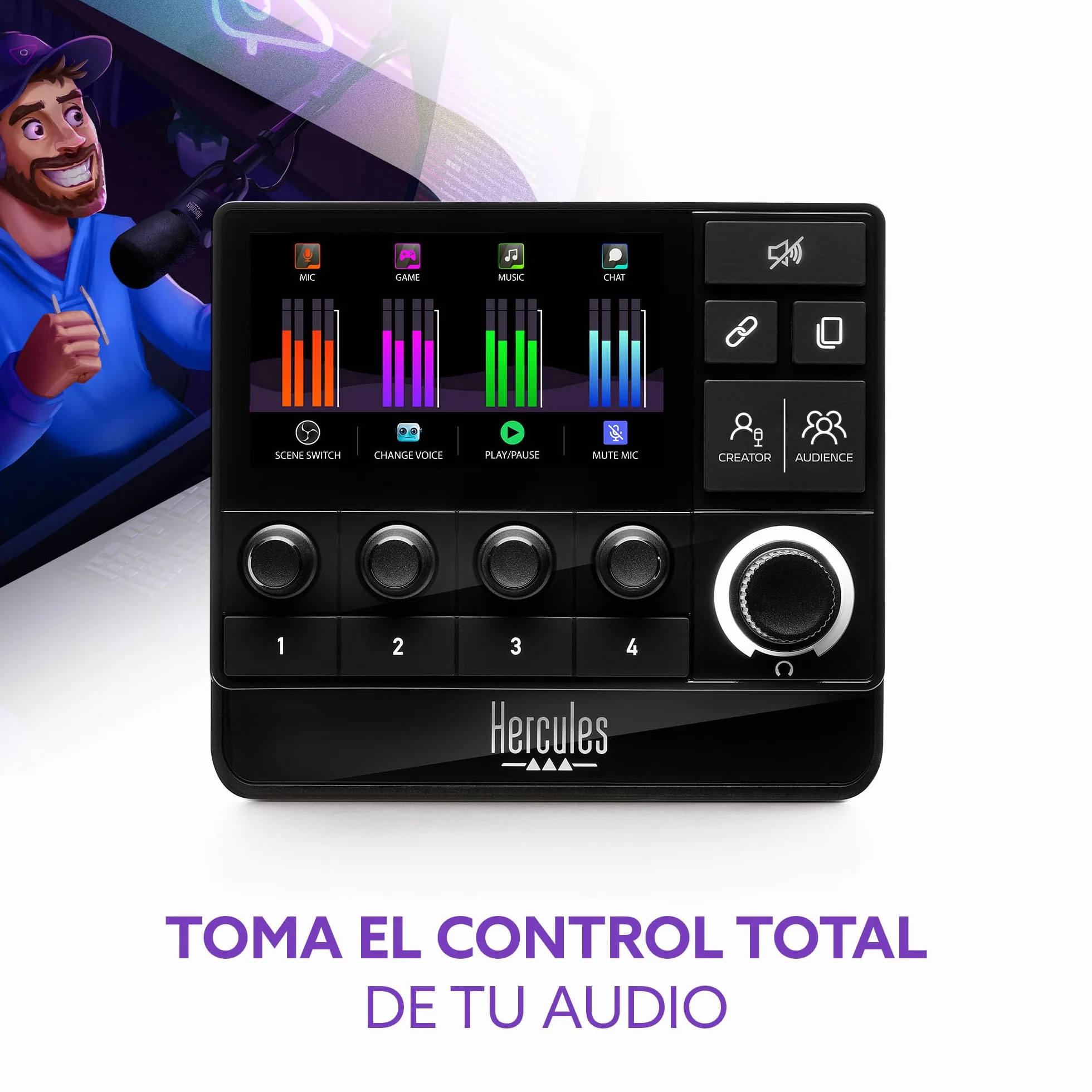 Hercules Stream 200 XLR - Mezclador de Audio y Tarjeta de Sonido para Streaming (Entrada XLR Profesional, Pantalla LCD, Control de Mezcla Dual para Público/DJ, PC Windows) Negro