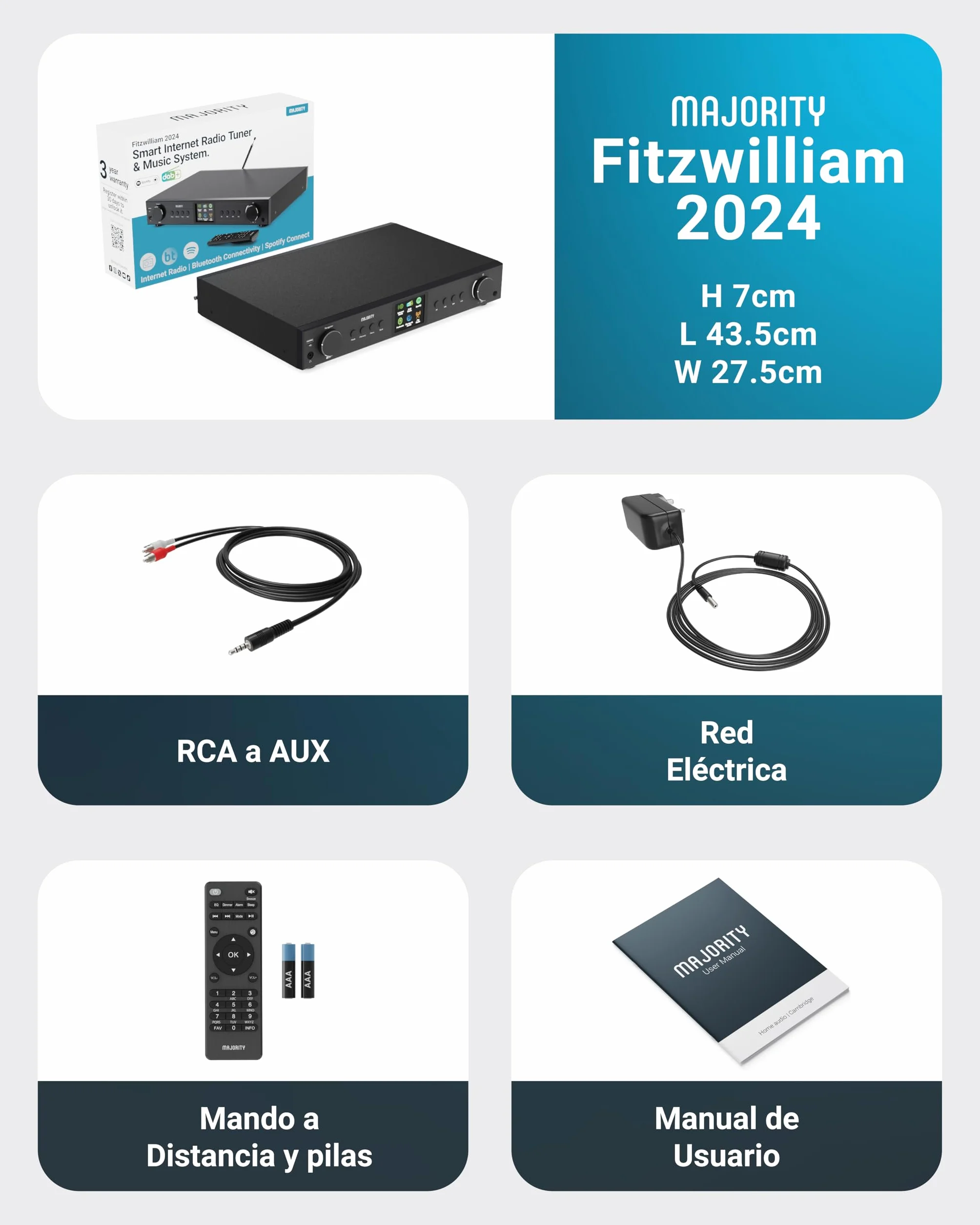 Radio Internet WiFi Sintonizador | Receptor de Radio Digital Dab+ & FM | Spotify Connect & Podcasts | Bluetooth Adaptor para Pila HiFi | Mando a Distancia Incluido | MAJORITY Fitzwilliam (Negro)