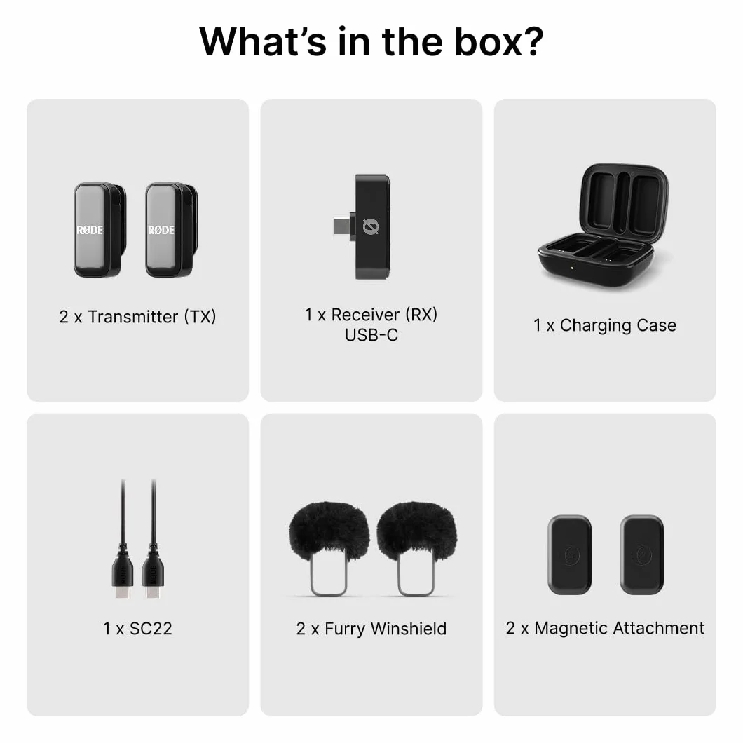 RØDE Wireless Micro Micrófono Inalámbrico Compacto, Dos Micrófonos con Estuche de Carga para Grabación de Video con Smartphone y Creación de Contenido, USB-C (Negro)