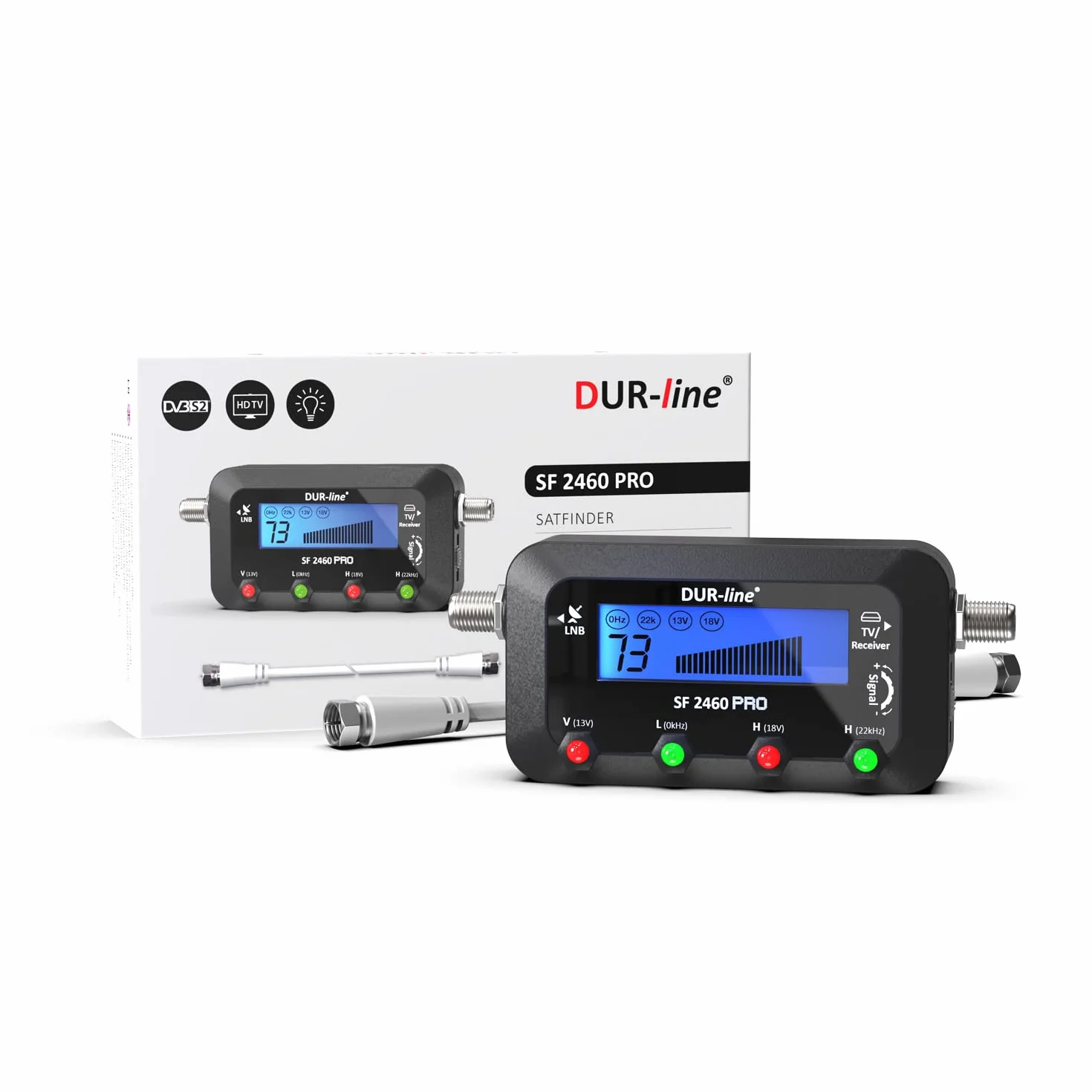 DUR-line SF 2460 Pro – Digital Satfinder – Medidor preciso para alinear tu cuenco satelital – Buscador de satélite, incluye cable F, señal de sonido, pantalla LCD, Astra, Hotbird