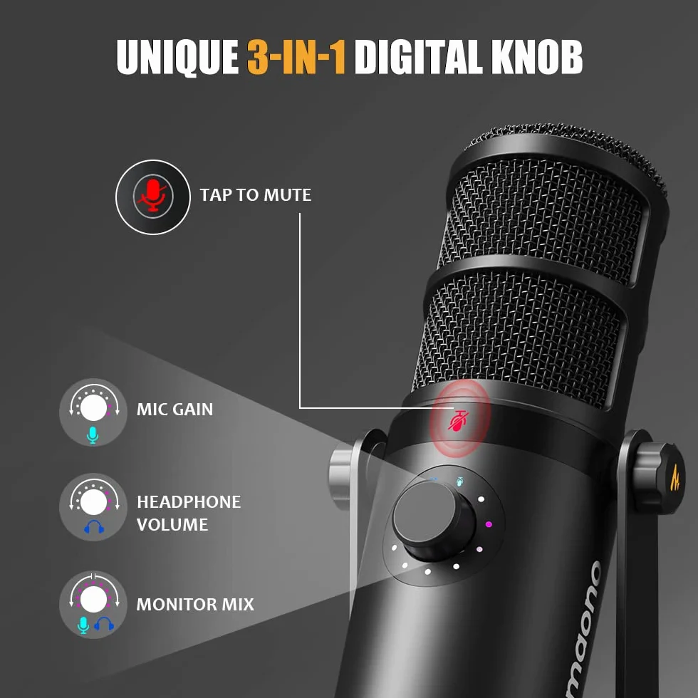 MAONO Micrófono dinámico USB XLR para Podcast, PC, Radiodifusión, Grabación, Streaming y Juegos con Software, EQ, Tap-to-Mute, Control de Ganancia y Volumen
