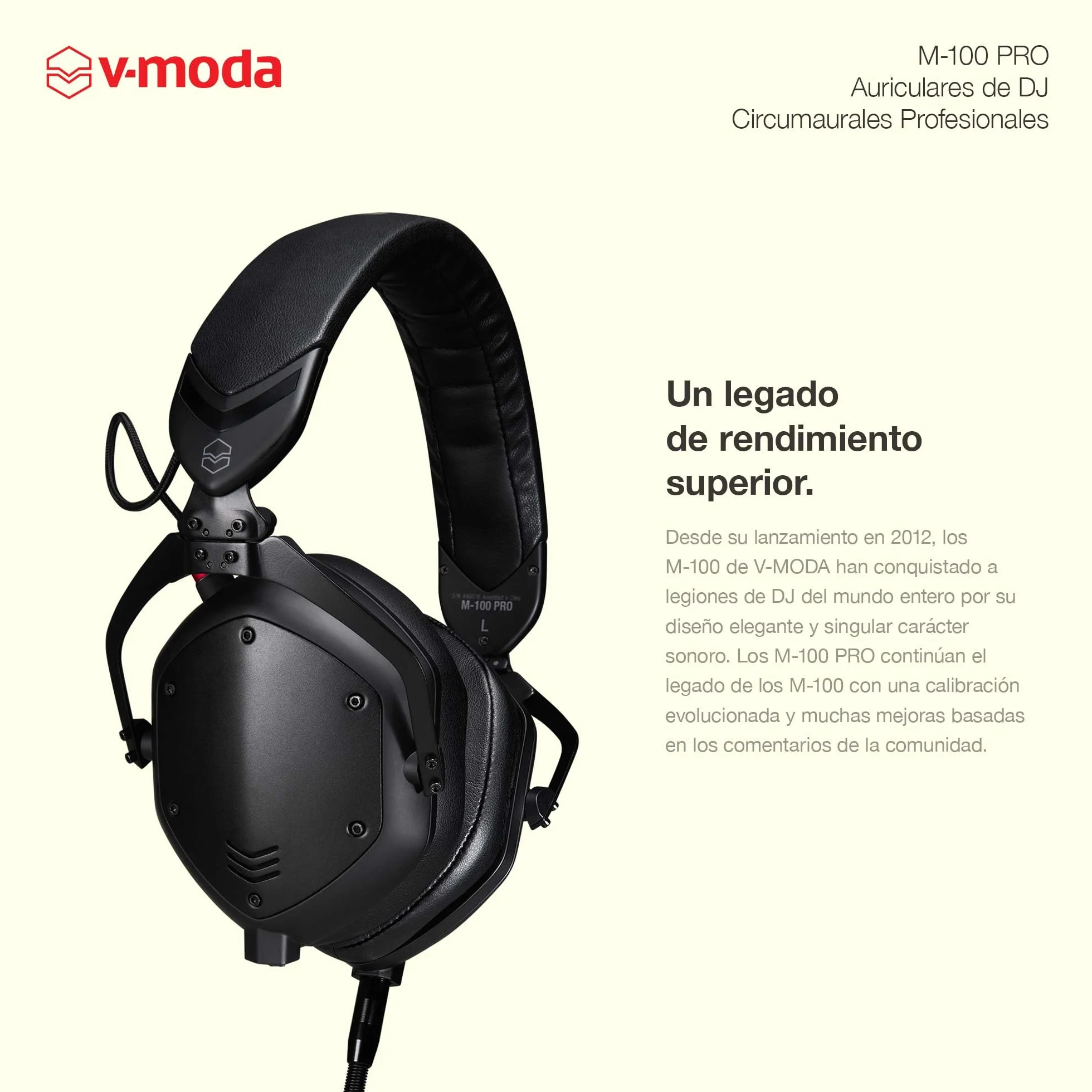 V-Moda M-100 PRO | Auriculares de DJ circumaurales profesionales | Diseñados para DJ profesionales y música rítmica | Aislamiento sonoro superior | Escucha por un oído | Confort duradero
