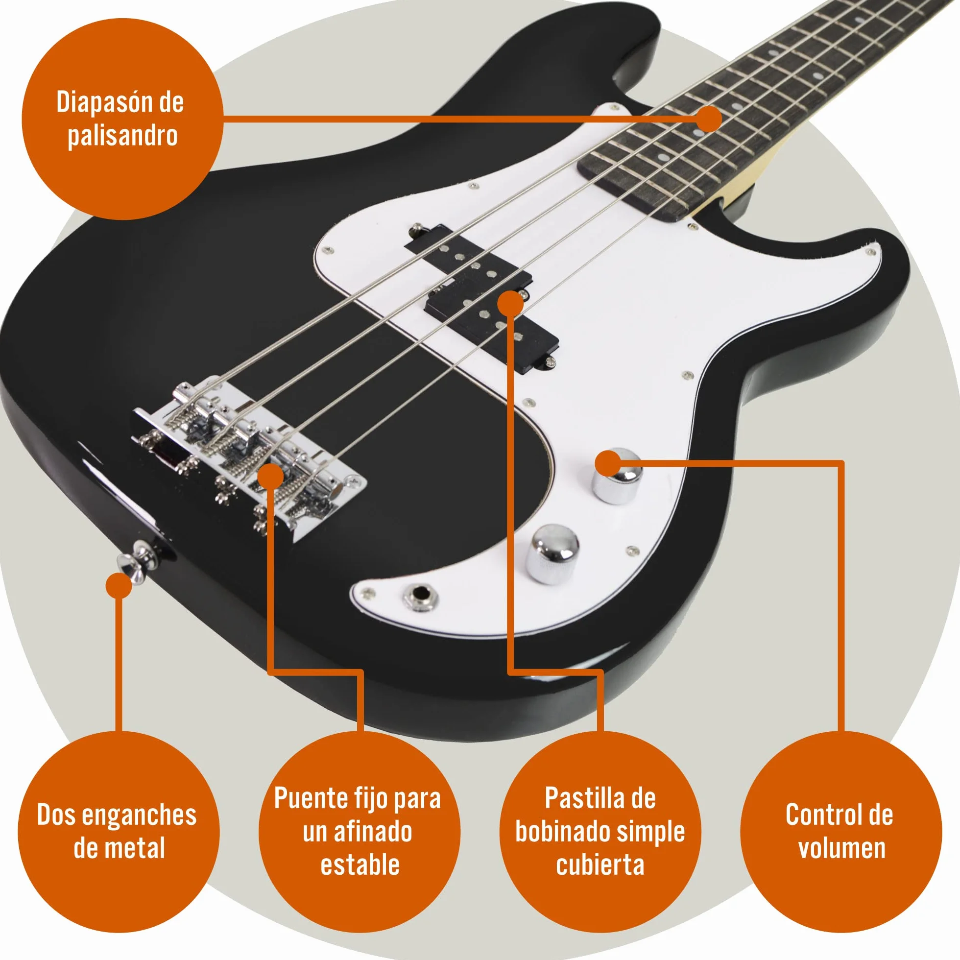 3rd Avenue Paquete de bajo eléctrico de tamaño completo en negro con amplificador de guitarra, bolsa, soporte y accesorios, negro con blanco