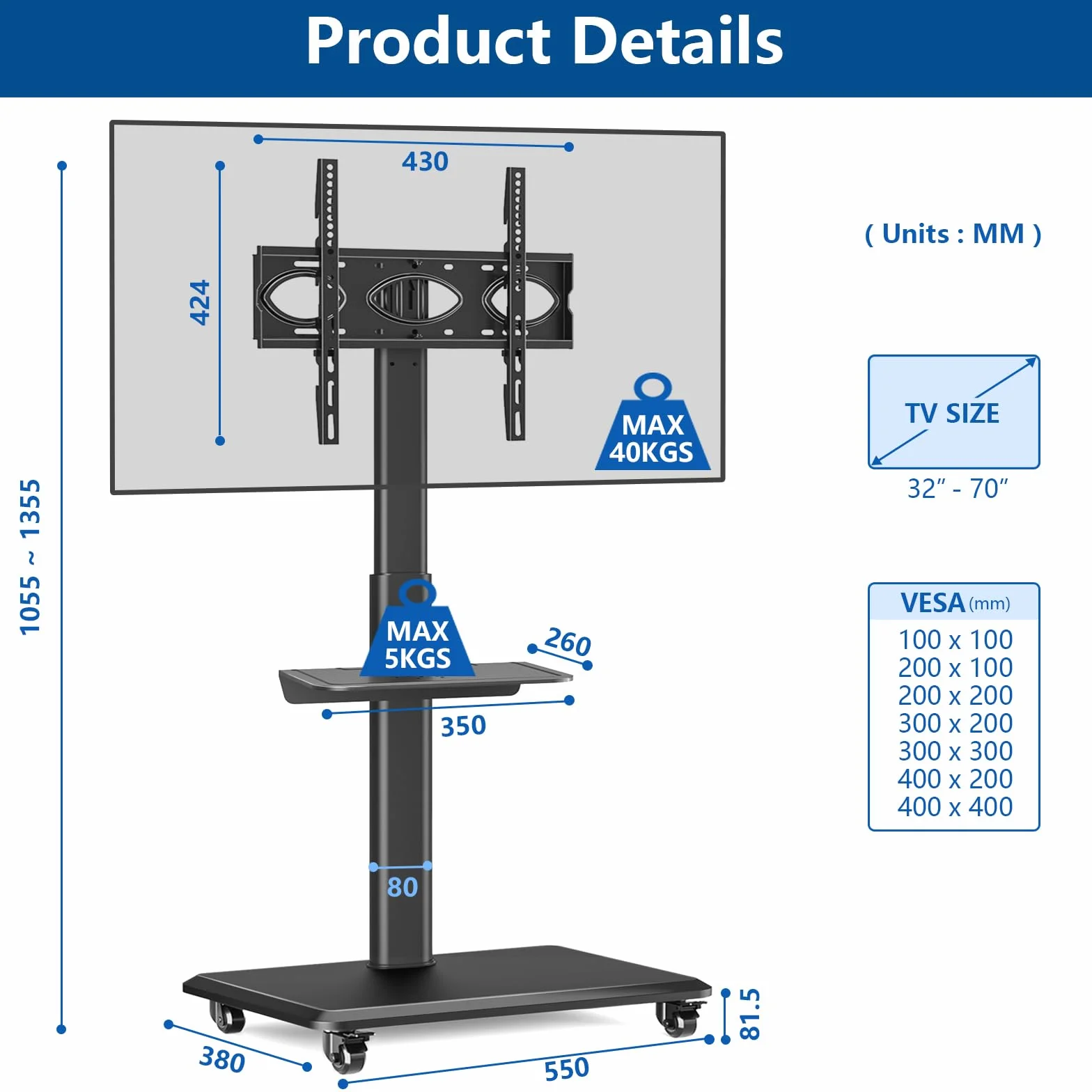 RFIVER Soporte TV con Ruedas para Televisiones 26-70 Pulgadas, Altura Ajustable MAX VESA 400x400mm