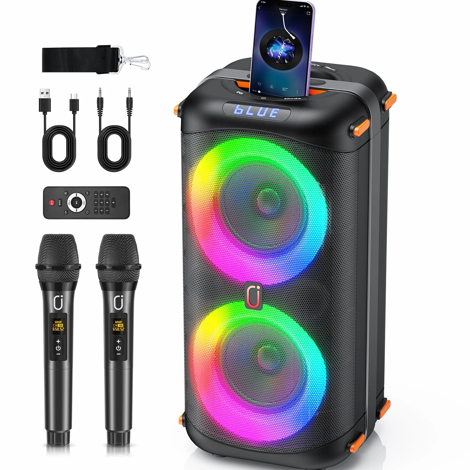 HWWR Máquina Karaoke, Altavoces Bluetooth portátiles con 2 micrófonos inalámbricos para Adultos, Sistema Caja Karaoke PA con Luces de Discoteca para Grandes Fiestas, Soporte TF/USB/FM/Rec/AUX
