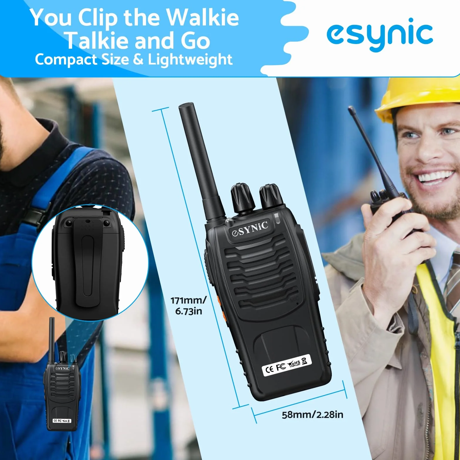eSynic 4PCS Walkie Talkie Recargable 16 Canales Walkie Talkie de Largo Alance con Auriculares Originales CTCSS DCS Walky Talky Admite VOX LED Linterna para Ciclismo y Senderismo,etc