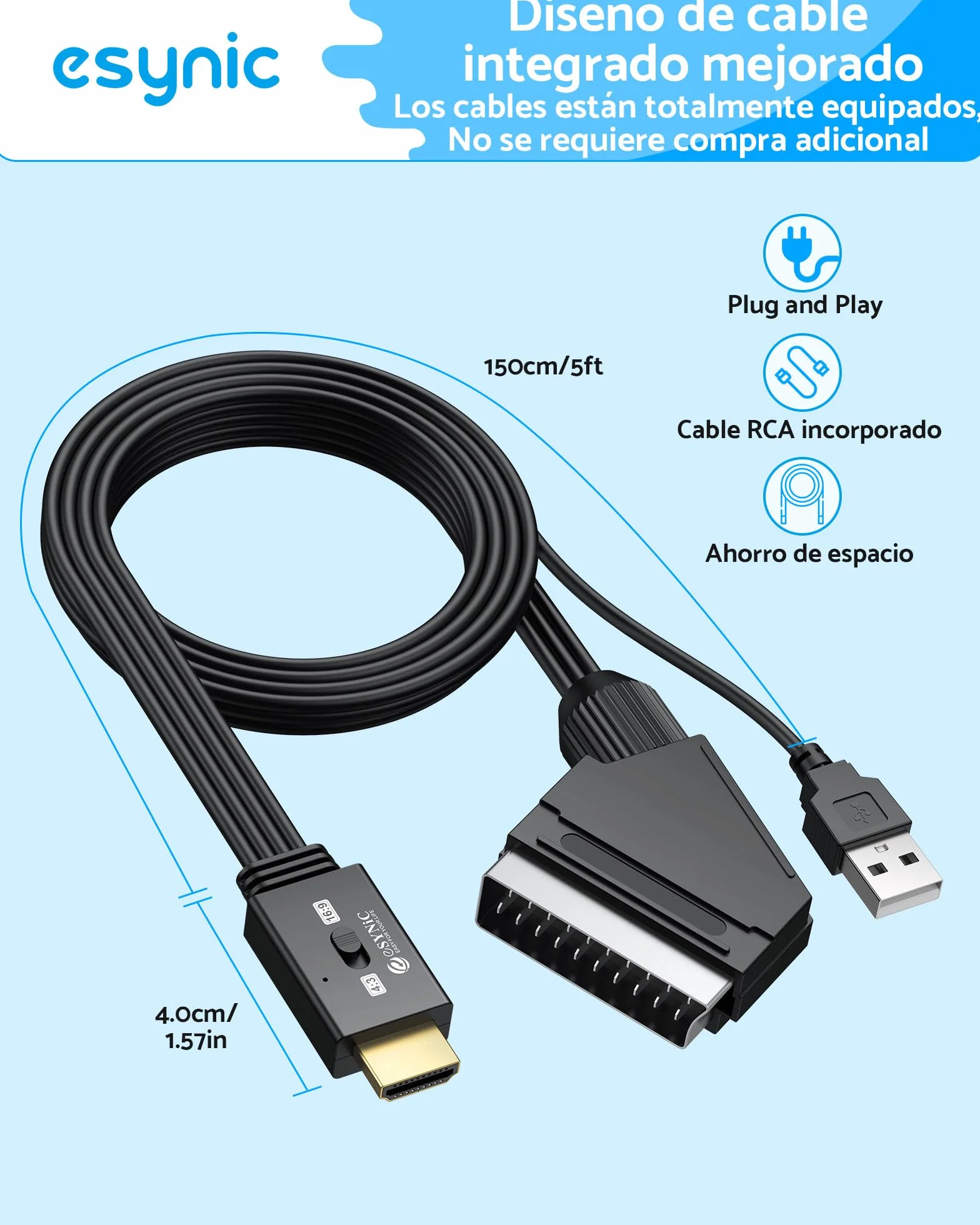 eSynic Convertidor SCART a HDMI 1080P, Conversor Euroconector a HDMI con Cable SCART Integrado 1.5m & Selector 4:3/16:9, Compatible para VCR/DVD/VHS
