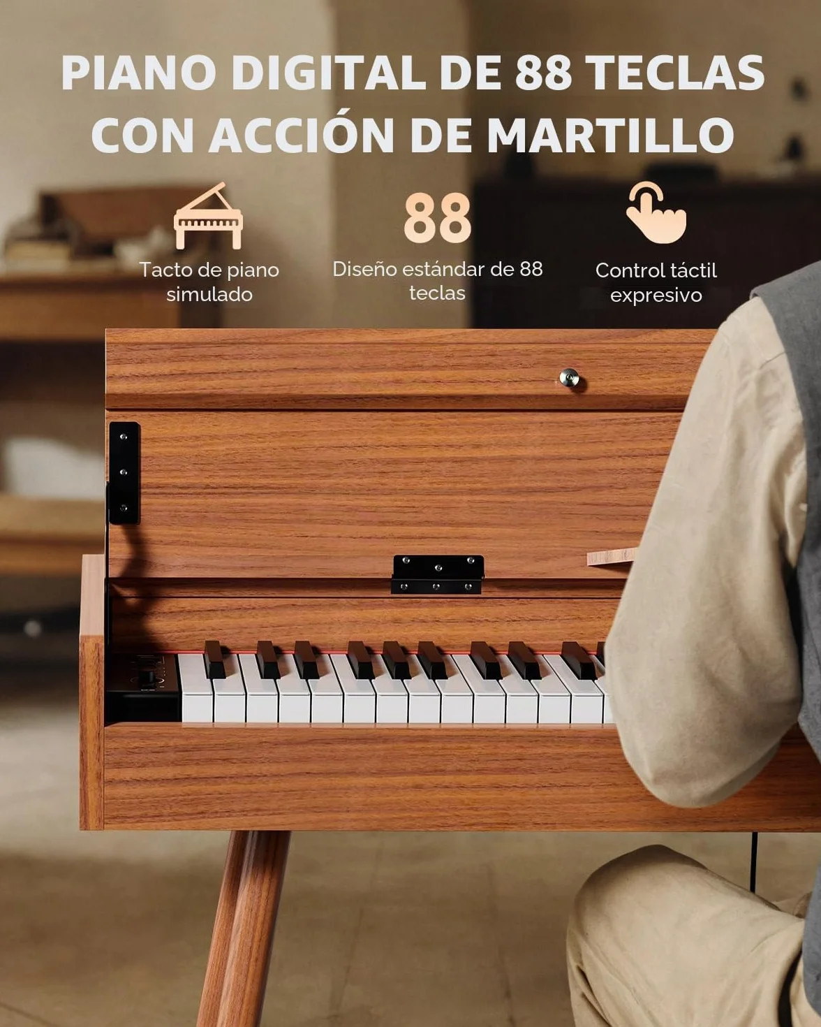 Eastar EUP-100 Piano de Teclado Contrapesado 88 Teclas, Piano Digital para Principiantes,con Funda, Auriculares, Pegatinas Musicales, Tres Pedales, Conexión Inalámbrica, Grabación, MIDI- Madera Retro