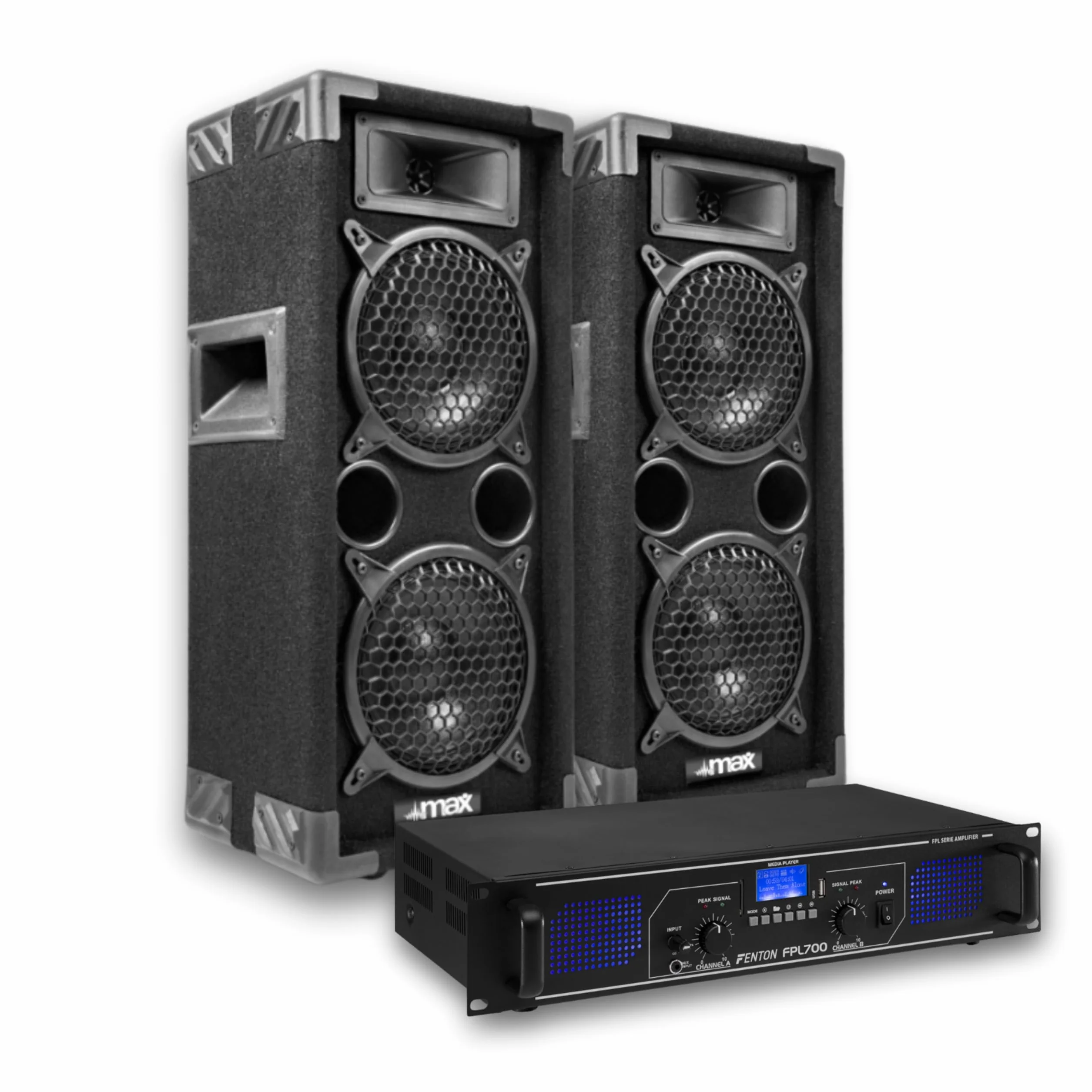 MAX28 Pack - Equipo para DJ, Sistema de megafonía, Conjunto de Altavoces para DJ de 1600 W y Amplificador de 700 W con Bluetooth, MP3, USB, Paquete MAX28 2 Altavoces pasivos, Sistema de megafonía
