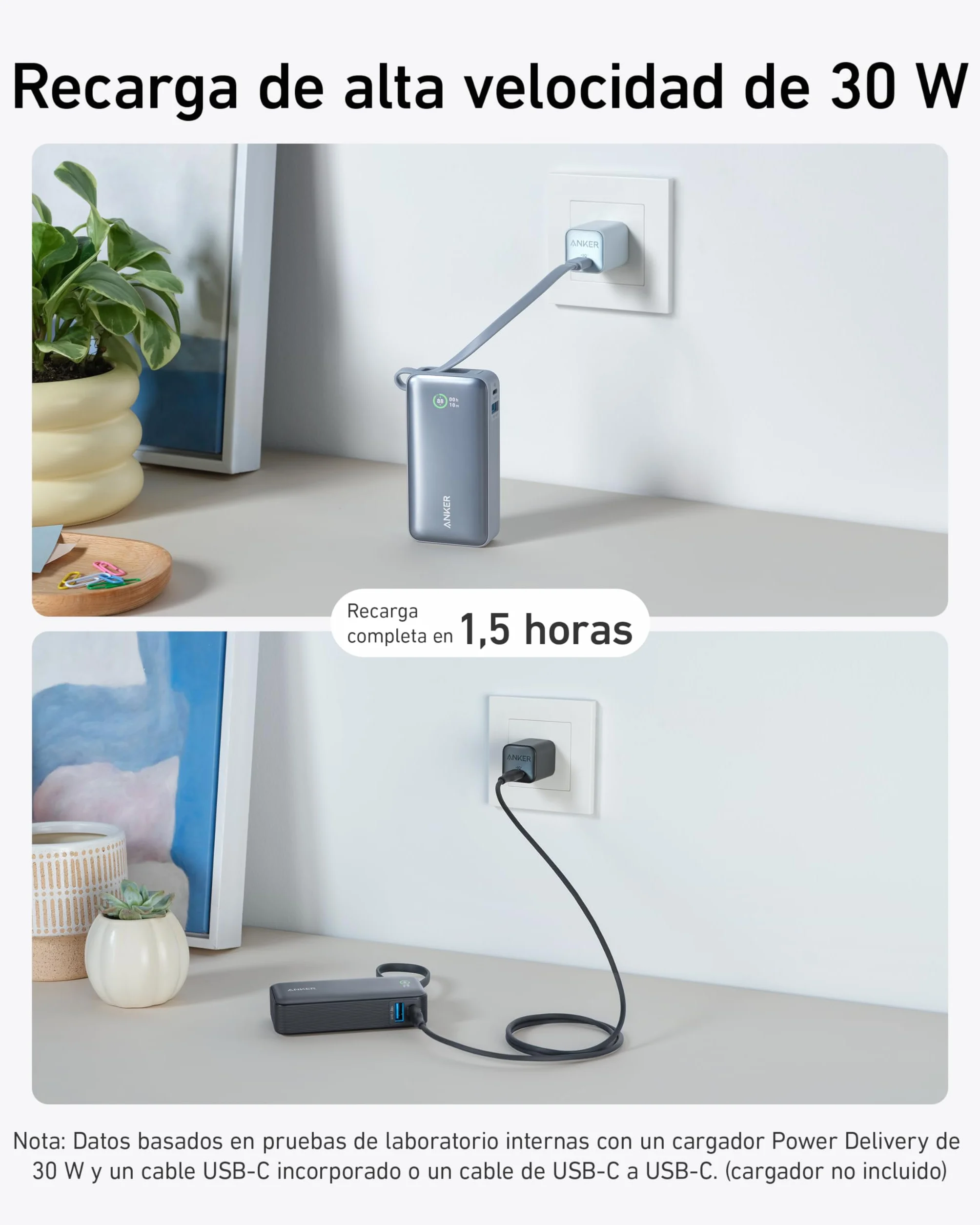 Anker Nano Power Bank 10.000 mAh Powerbank con Cable USB-C Integrado, PD 30 W de Potencia Máxima con 1 x USB-C & A, Compatible con iPhone 17/16/15/14 Series, MacBook, Galaxy, iPad, AirPods y más