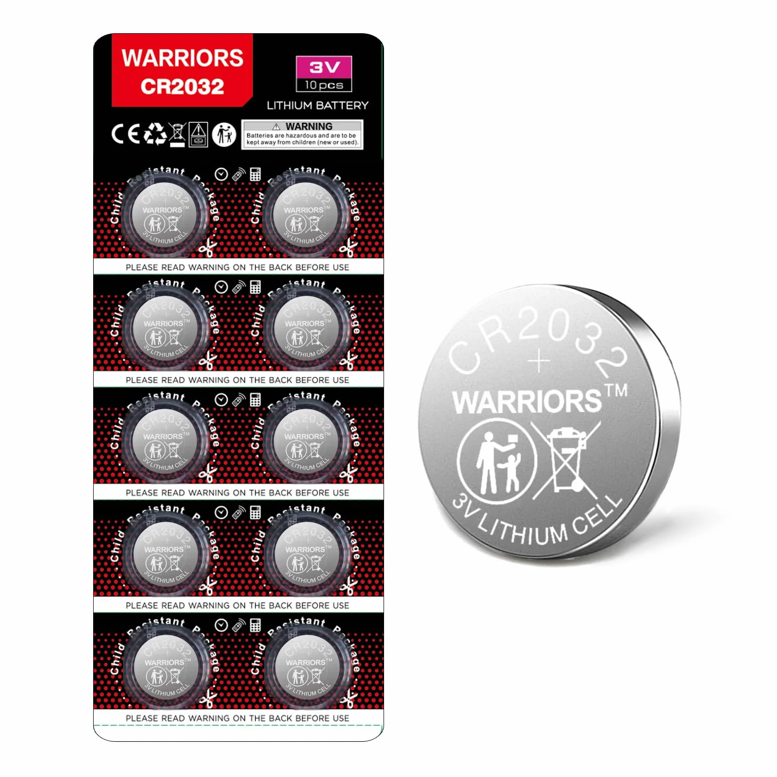 Pilas CR2032 3V Litio Botón Warriors 10X, Embalaje a Prueba de niños para Llaves de Coche