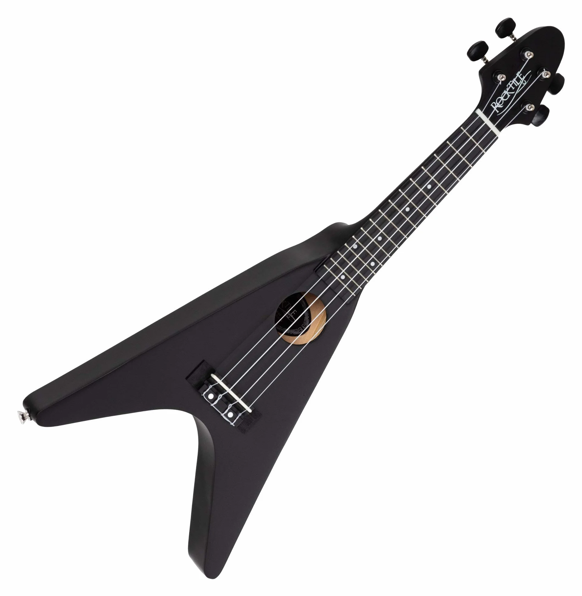 Rocktile FV-04 BK Ukulele soprano heavy, mensura 343 mm, longitud 60,5 cm, cuerpo y mástil de tilo, cuerdas Aquila Super Nylgut, 2 pines para correa, color negro.