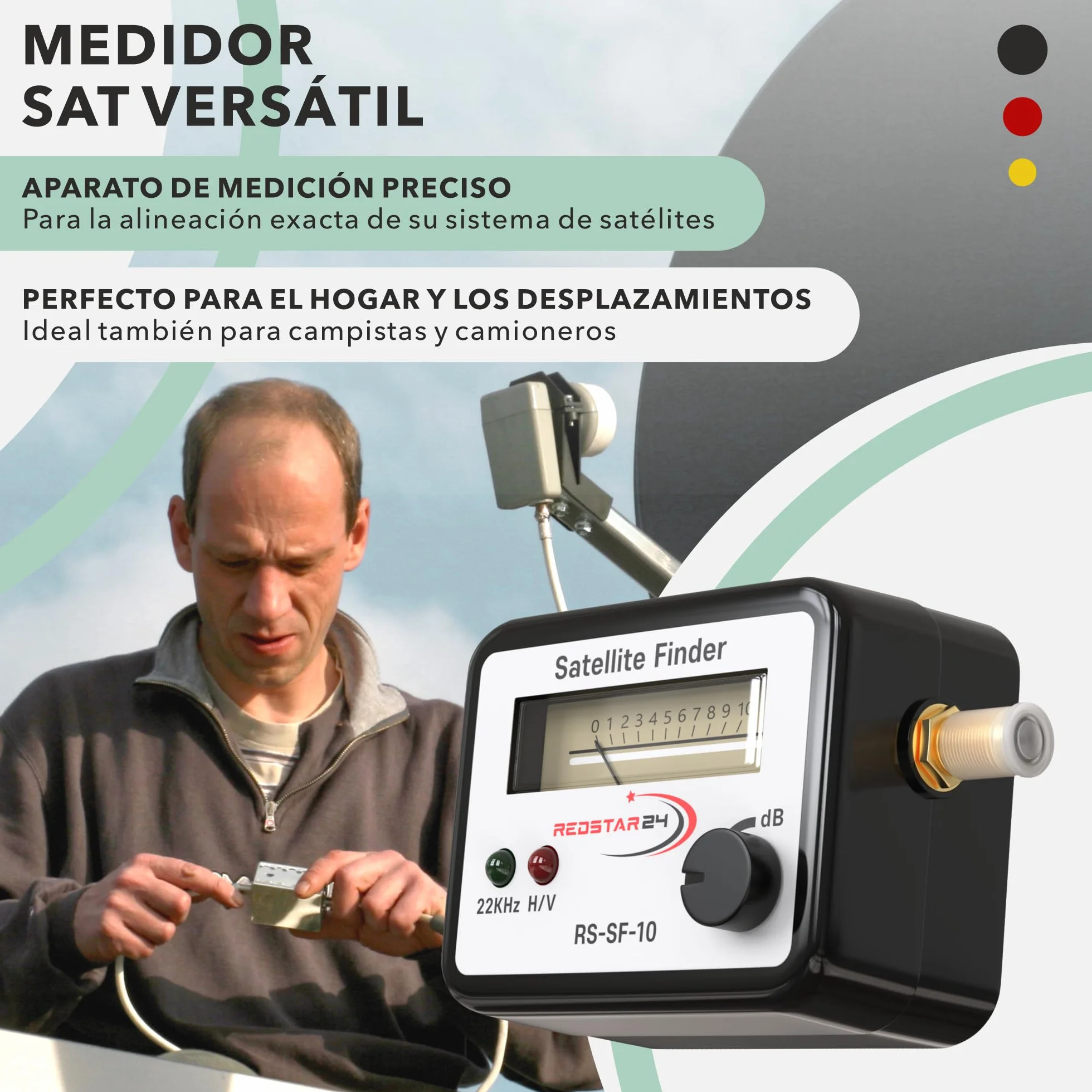 RedStar24 Satfinder | Medidor de señal SAT con audio y cable de conexión F para ajustar su antena de satélite digital | Localizador de satélites digital