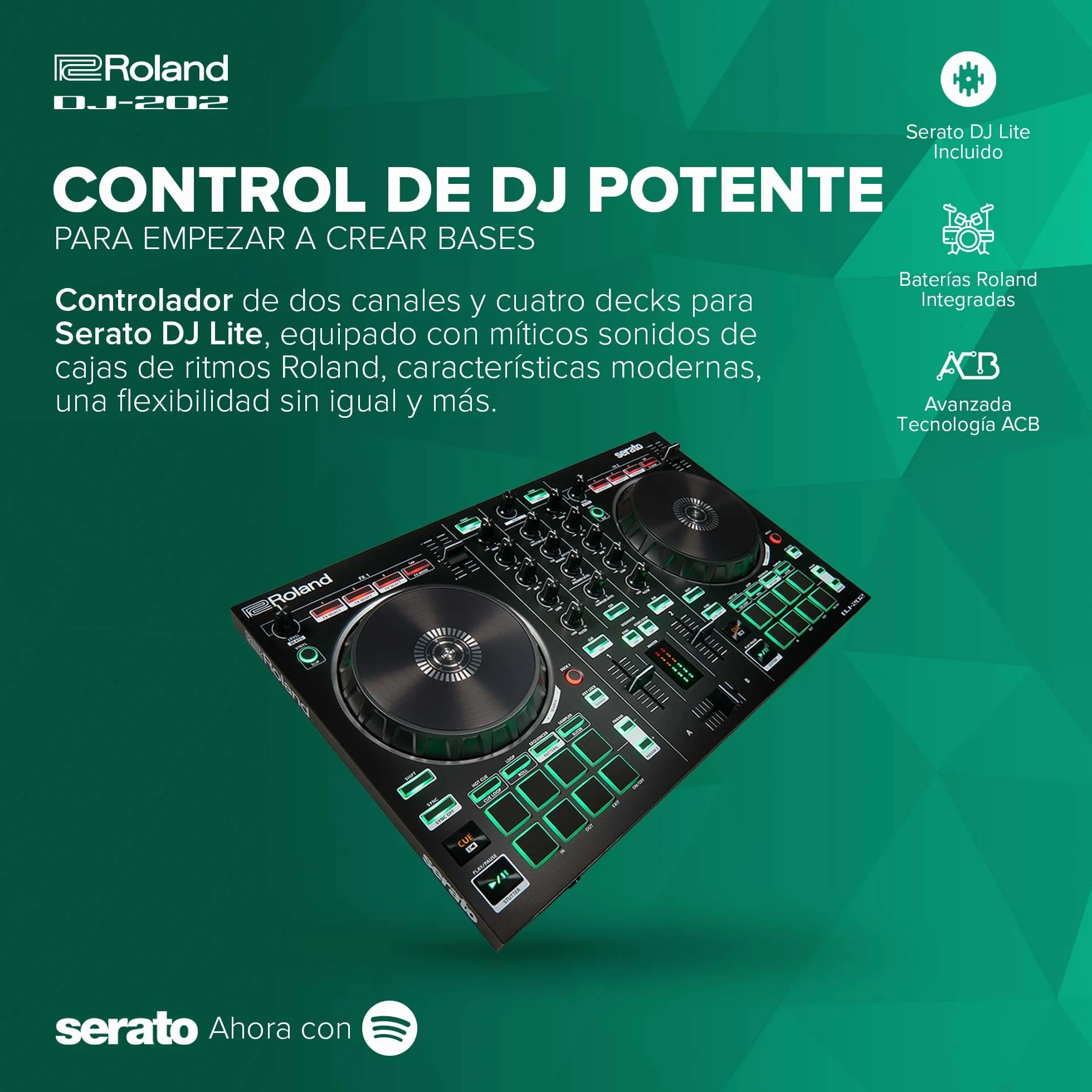 Roland DJ-202 Controlador de DJ compacto | Controlador de 4 decks y 2 canales para Serato DJ Lite | Platos grandes y de baja latencia | Míticos sonidos de baterías Roland | Compatible con Spotify