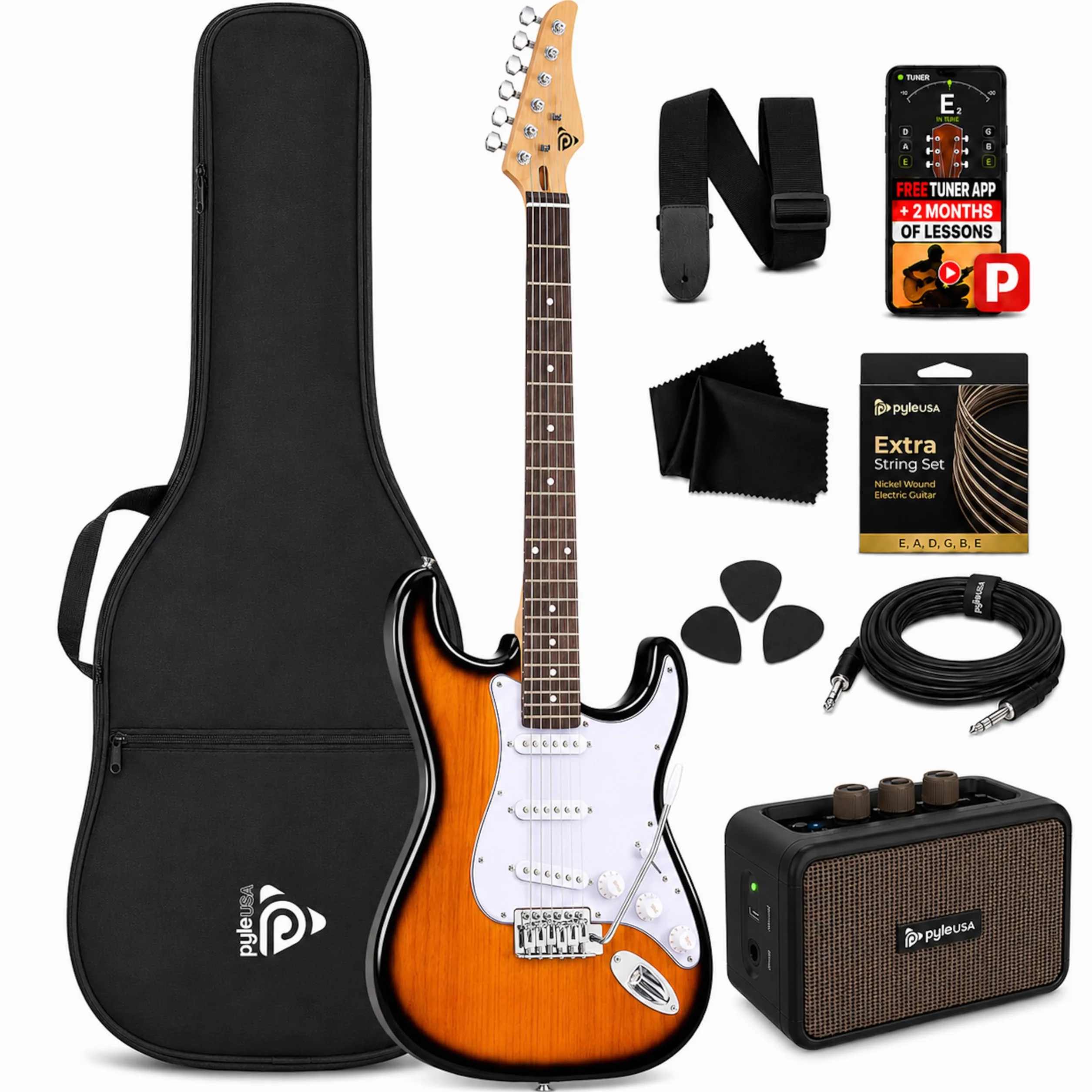 Pyle kit guitarra electrica con amplificador bluetooth portatil, Tamaño completo, Pastillas Humbucker estilo ST, Accesorios incluidos: esctuche, Correa, Cuerdas, Puas, Paño de Limpieza