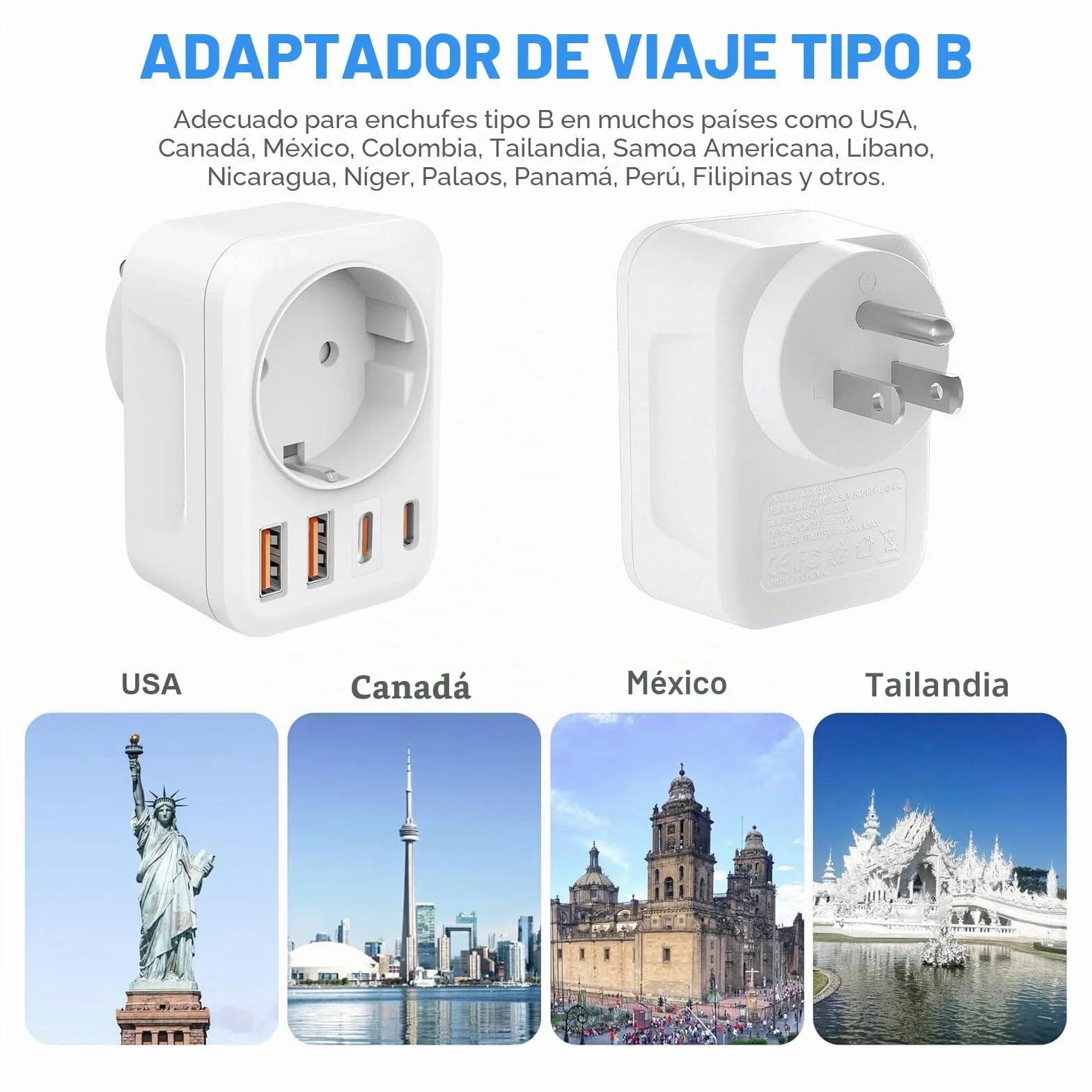 Adaptador Enchufe Europeo a Americano 5 en 1 USB C USB A Tipo B para EE. UU. Canadá México