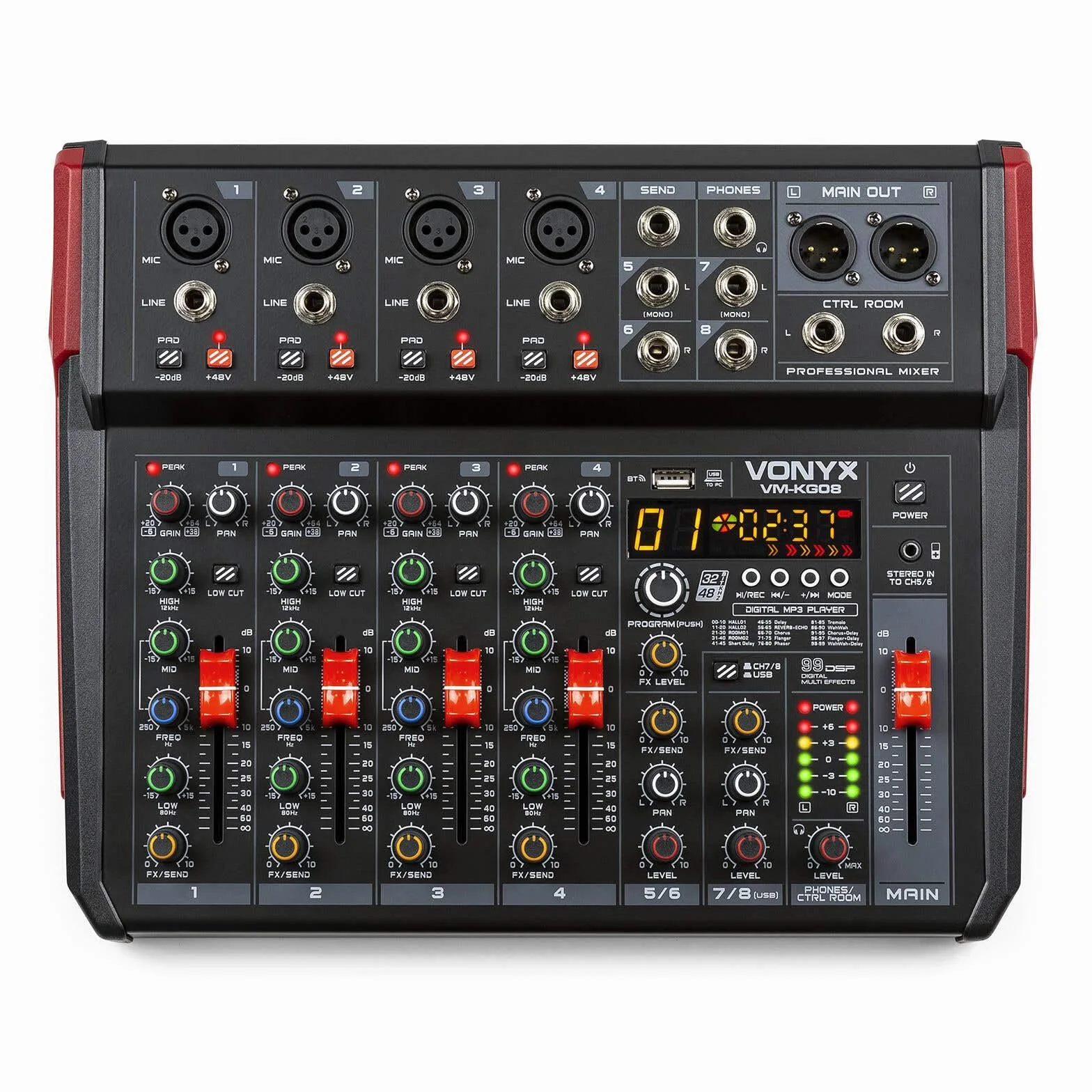 Vonyx VM-KG08 Consola de mezclas de 8 canales - Con Bluetooth, reproductor MP3, interfaz de audio USB, procesador de sonido, alimentación fantasma, pantalla LED, ideal para bares y locales pequeños