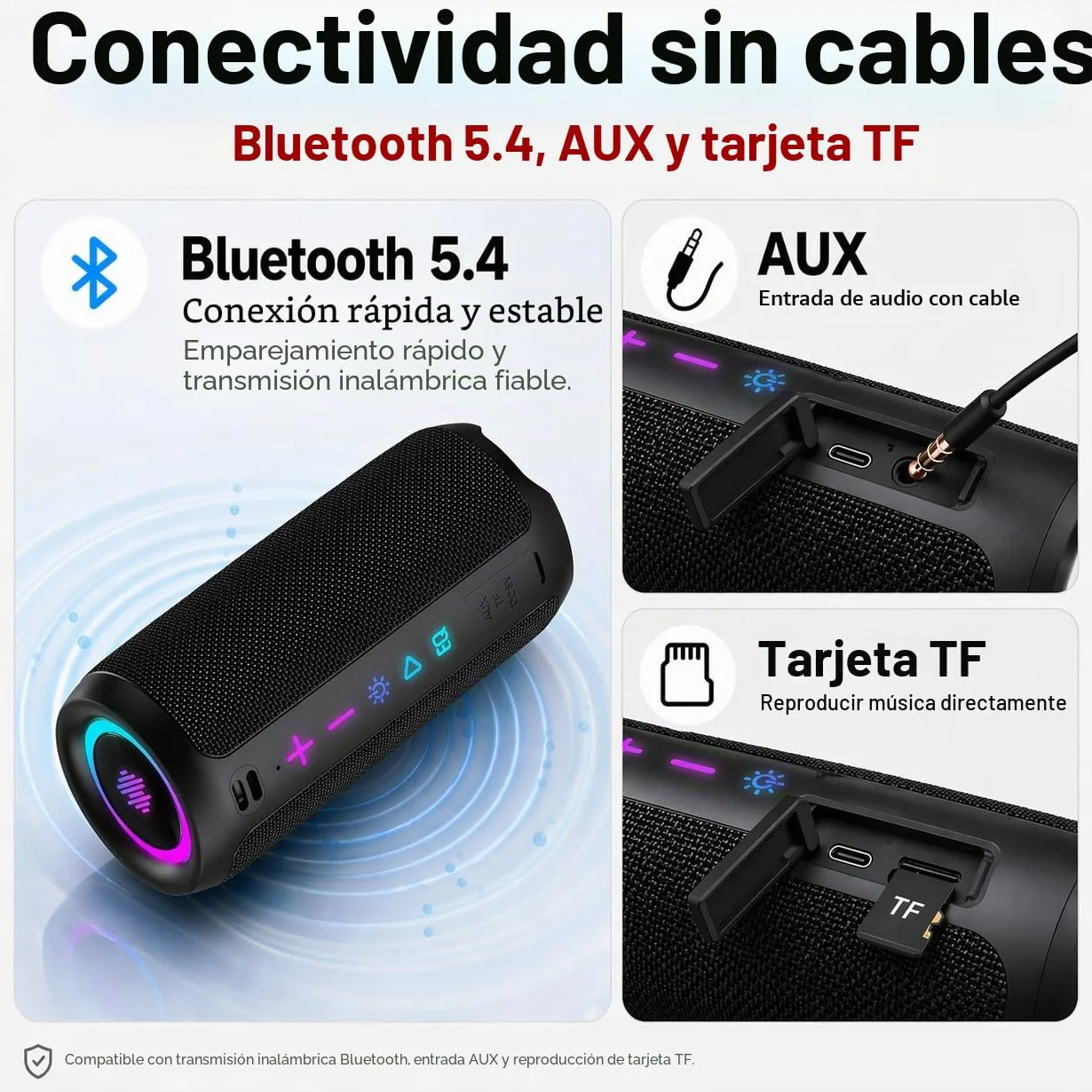 TIMU Altavoz Bluetooth 5.4 Potente, 25W, IPX7, 24H, 2 Modos EQ, 8 Modos RGB, TWS