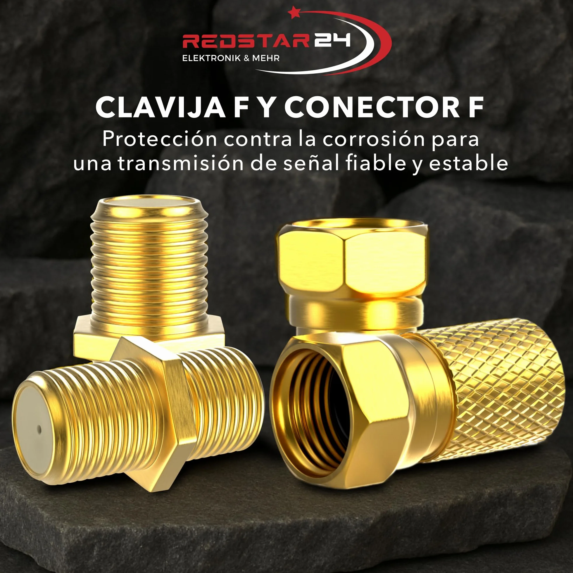 Conector F 7 mm atornillable | 10 piezas conectores + 5 adaptadores F-hembra-hembra | Alargador cable Sat chapado en oro | Junta de goma | Tuerca ancha | Antena coaxial TV satélite