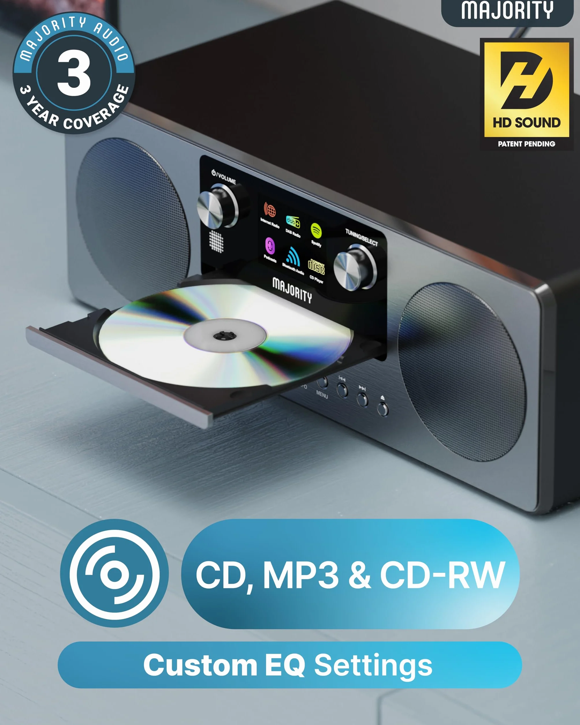 MAJORITY Humboldt Internet Radio Dab+ Reproductor de CD Sistema de Música I Spotify Connect I Bluetooth I Podcasts I Reloj Despertador Dual