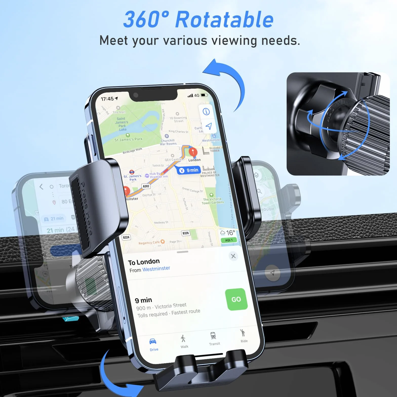 Blukar Soporte Móvil Coche, Soporte Teléfono Coche del Aire Ventilación 360° Rotación, Liberación de un Botón, para Smartphone 4.0''-7.0'' (Negro)