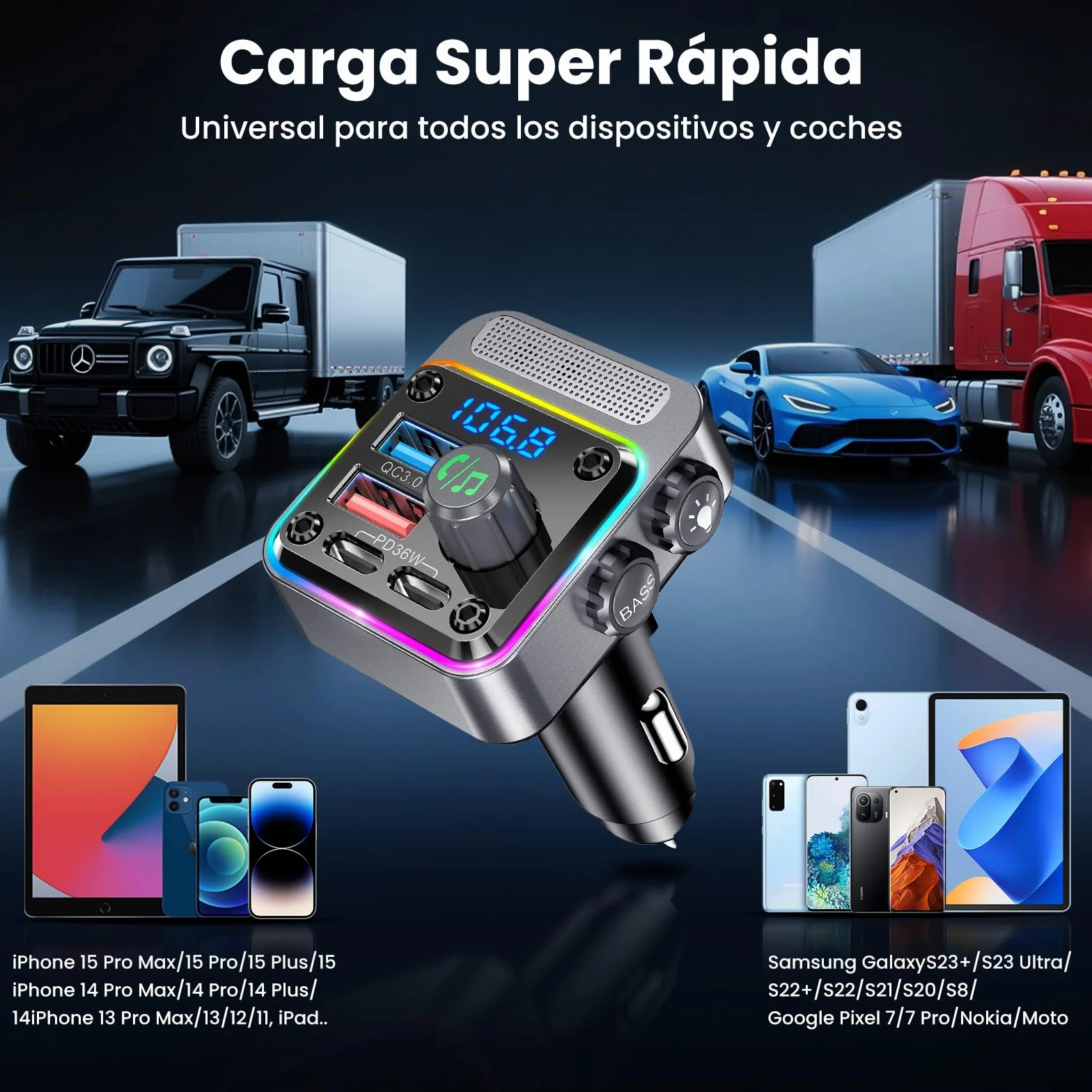 Gizmovine Transmisor FM Bluetooth Coche,Manos Libres Adaptador Bluetooth Radio Coche,Carga Rápida (USB C PD 36W QC3.0 18W),Mechero Accesorios Coche,Bass,Inalámbrico Reproductor Musica MP3