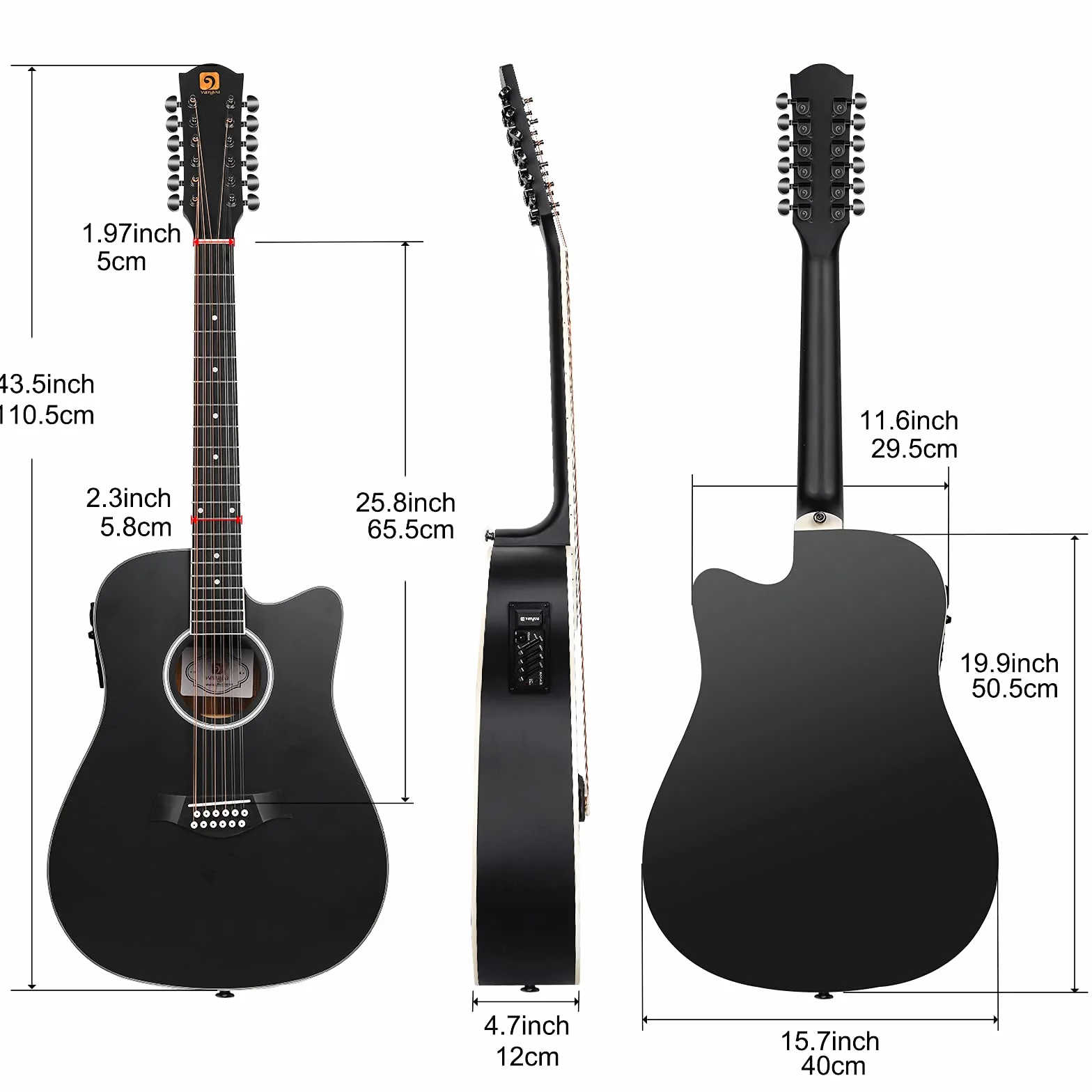 Vangoa Electroacústicas Guitarra de 12 Cuerdas 41 pulgadas con Ecualizador de 4 bandas Dreadnought Doce-cuerdas Guitarra, Negro