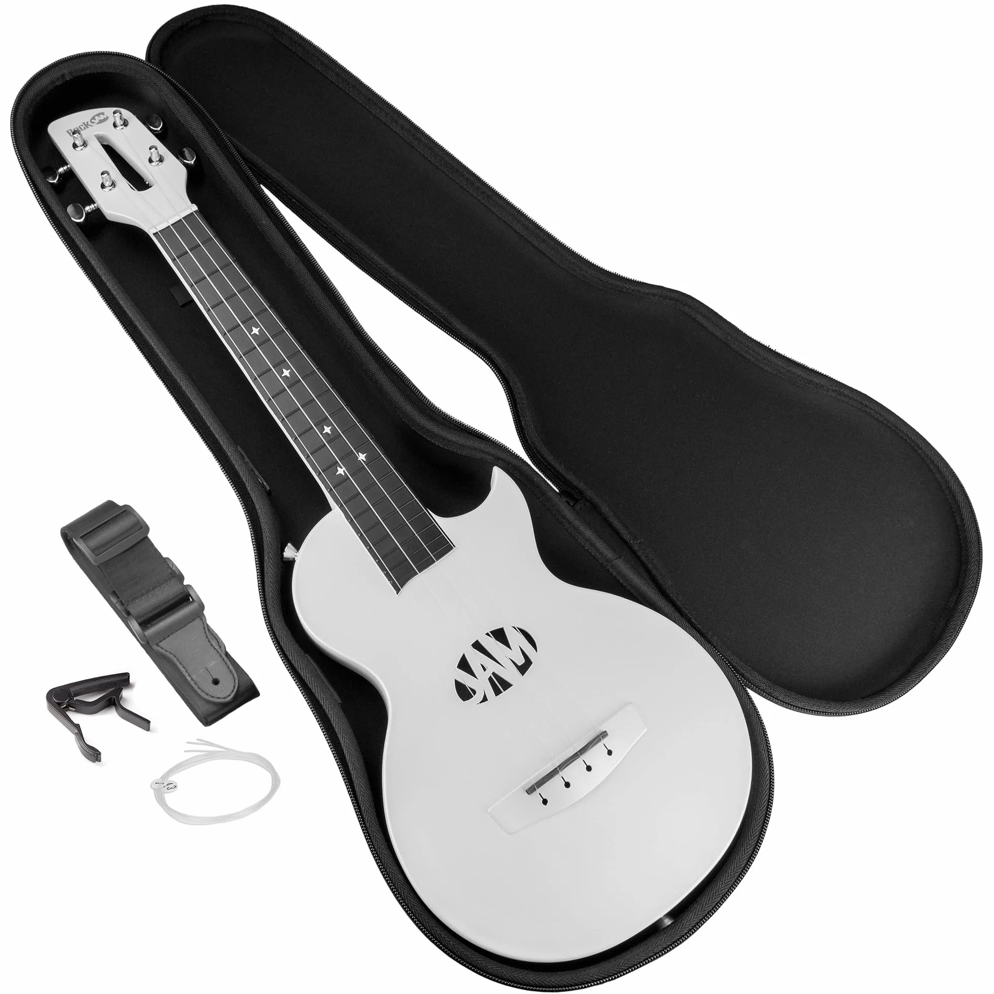 Ukelele RockJam de fibra de carbono con estuche, cejilla y correa