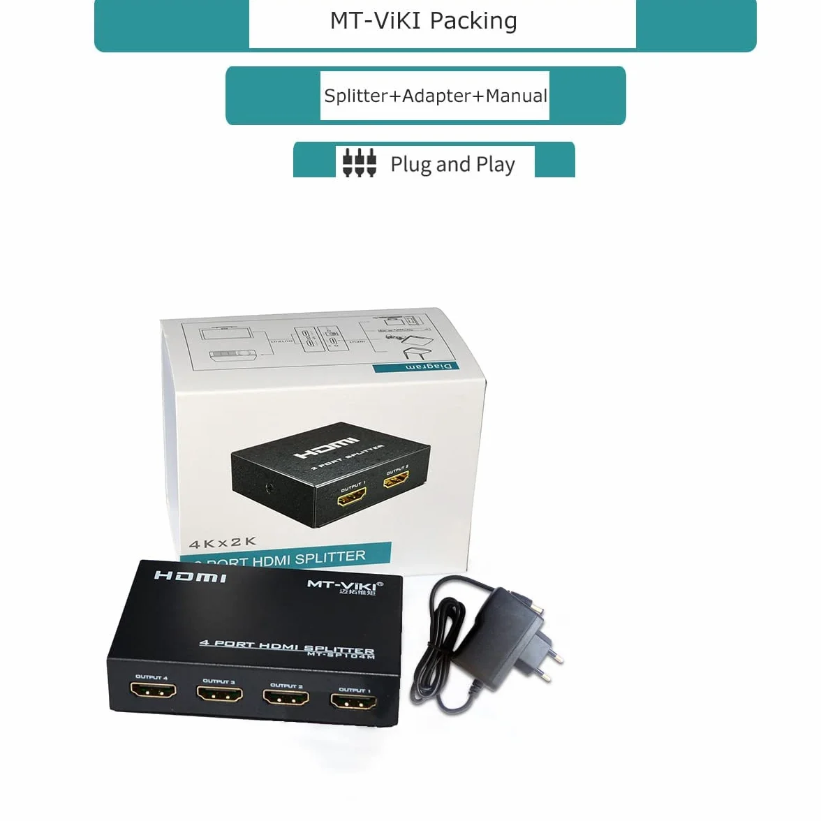 Divisor HDMI 1 en 4 Salidas 1x4 Puertos 4Kx2K @30Hz 3D Full HD 1080P, MT-ViKI SP104 Distribuidor para PS4 PS3 Fire Stick TV HDTV DVD Monitor de computadora