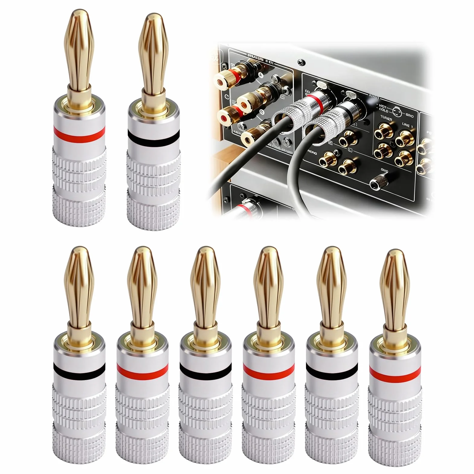 8 Piezas Conectores Banana para Altavoces 4mm Chapados en Oro 24K, Conectores de Audio HiFi para Cine en Casa, Compatibles con Cables de 0.75 mm a 4 mm (4 Rojos, 4 Negros)