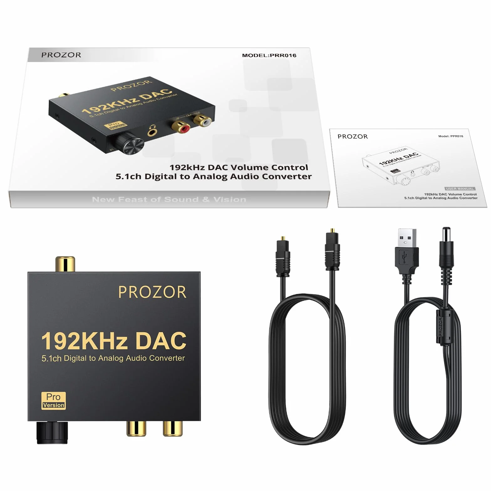 PROZOR Convertidor DAC 192kHz 5.1CH Óptico a RCA con Volumen Ajustable Toslink a RCA Analógico L/R para HDTV Blu-ray DVD PS3