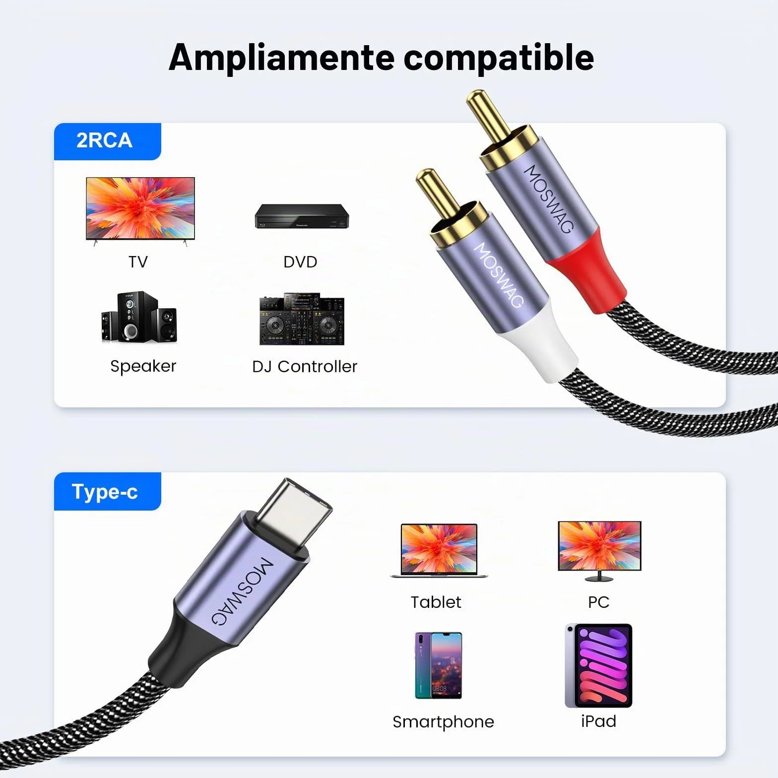 MOSWAG Cable USB C a 2 RCA, DAC Chip Cable Tipo C a 2 RCA HiFi Audio Estéreo, Compatible con iPad Pro 2021, Galaxy S21, Pixel 5/4, Oneplus Nord, PC, PS5, PS4, Amplificador, HDTV, Home Cinema