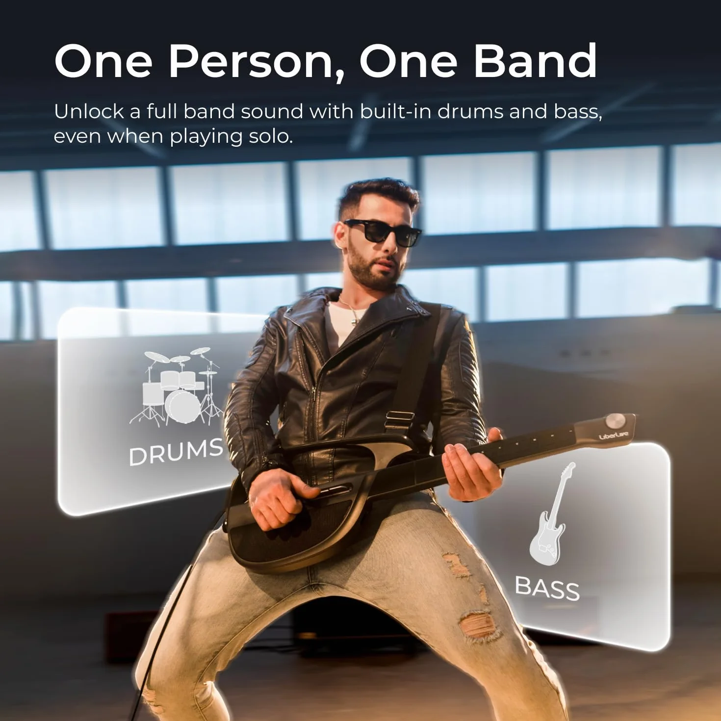 LiberLive C1 Stringless Smart Guitarra, Travel Backup guitarra plegable, generador de acordes, App Interactive Accords Blades, Tambor incorporado y línea de bajo