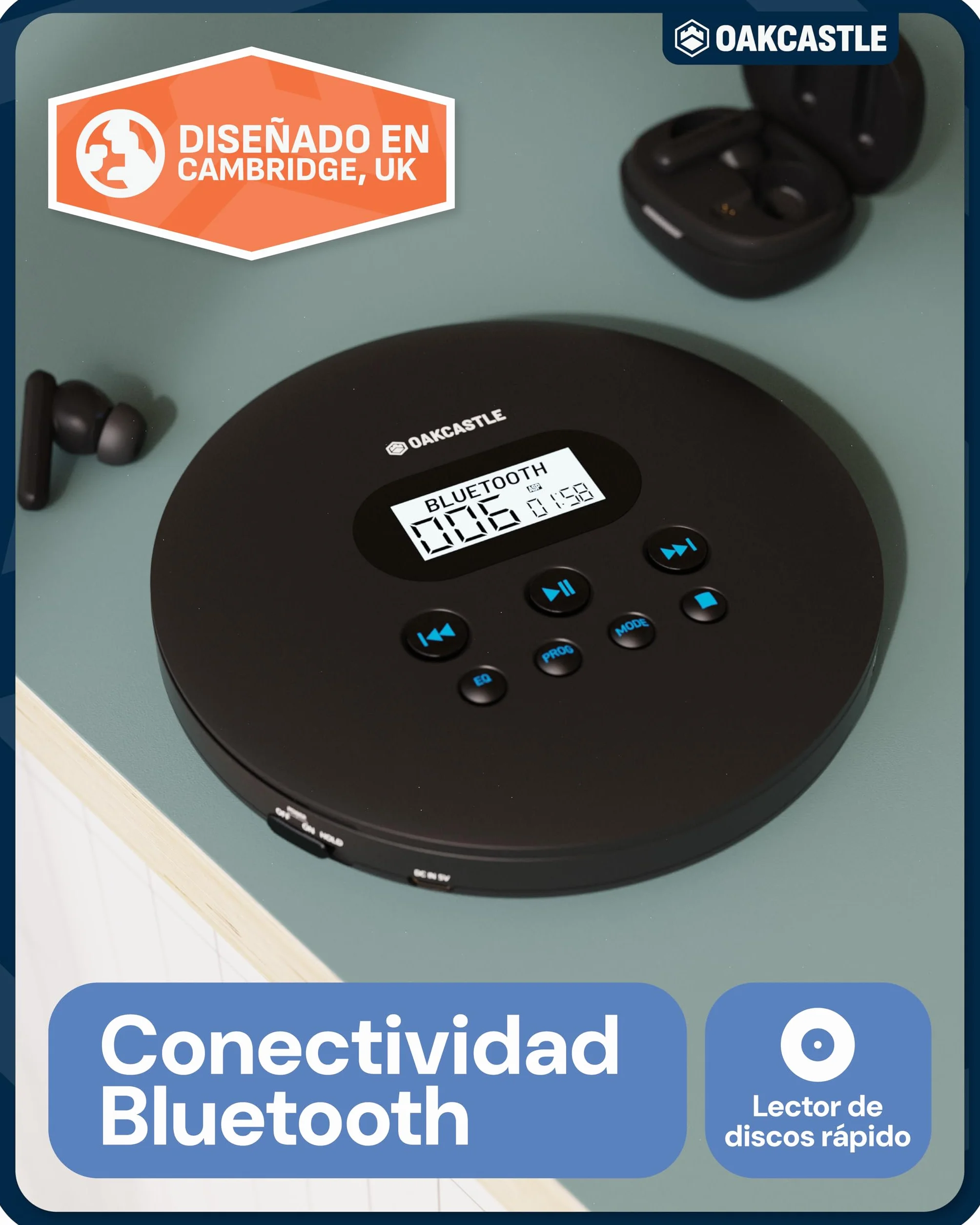 OAKCASTLE CD100 Reproductor de CD Portátil Bluetooth Batería Recargable 12 Horas AUX Auriculares