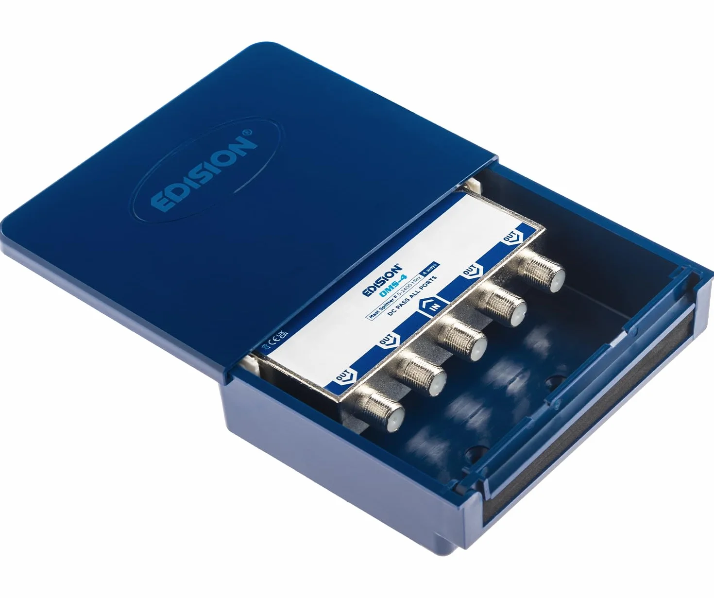 EDISION OMS-4 Repartidor de Mástil 4 Salidas Exterior, Adecuado para Terrestre, Satélite, Televisión por Cable, Unicable, 5-2400mhz, DVB-S2, DVB-T2, DVB-C, Paso de DC, Caja Estanca Exterior, 4-Vías