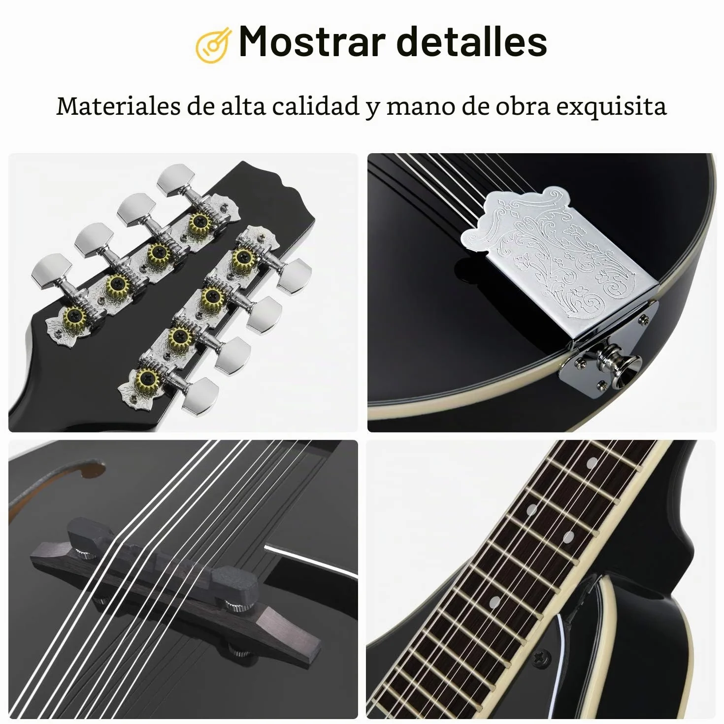 Donner Mandolina Instrumento en Caoba Mandolina Musical 8 Cuerdas Estilo A Set Mandolinas Tradicional con Afinador Cuerdas Funda y Púas (Negro, DML-100B)