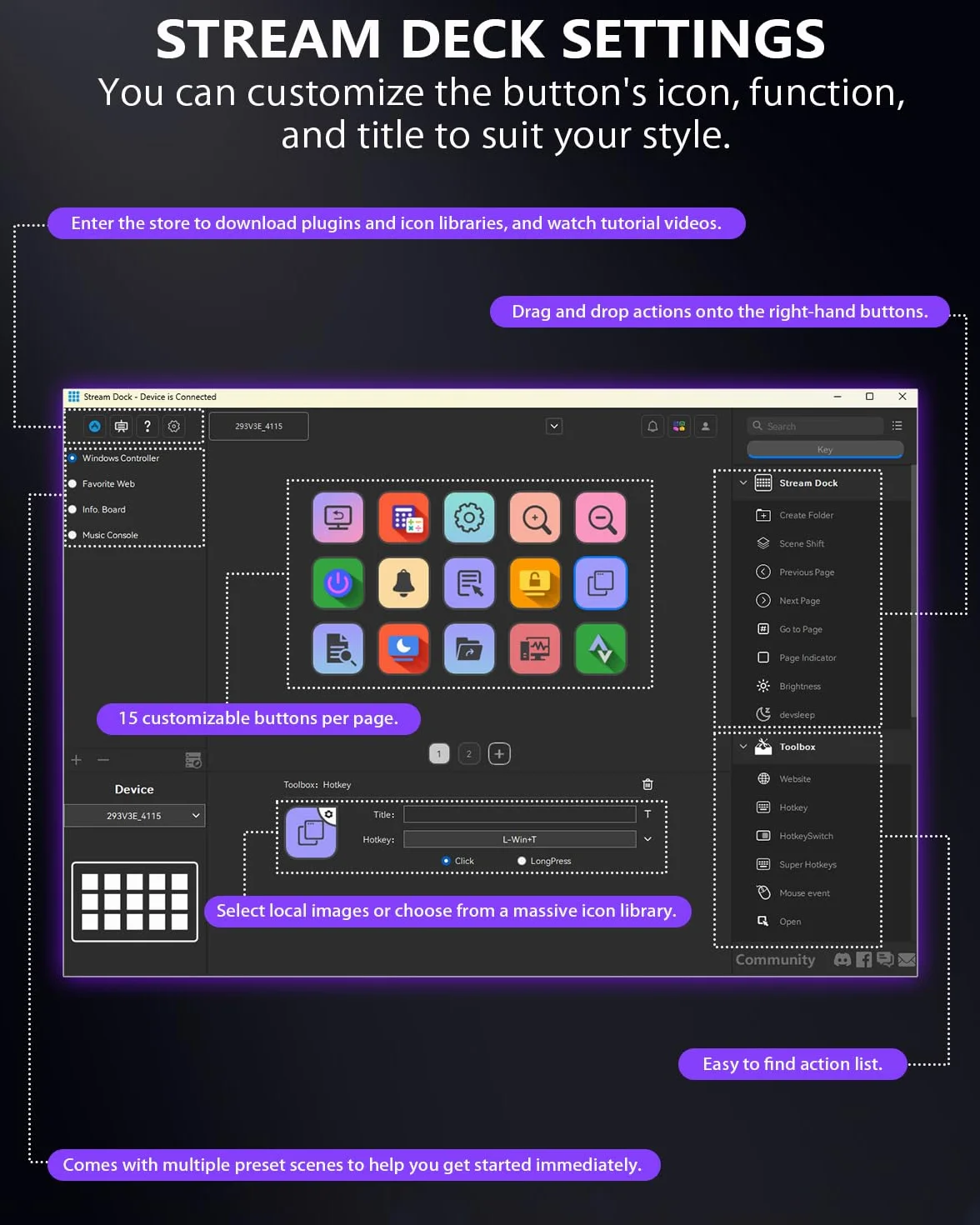 Semaiki Teclado macro Stream Controller con 15 teclas macro LCD personalizables, activa acciones en aplicaciones y software como OBS, Twitch, Streamlabs, Discord, Mac y Windows