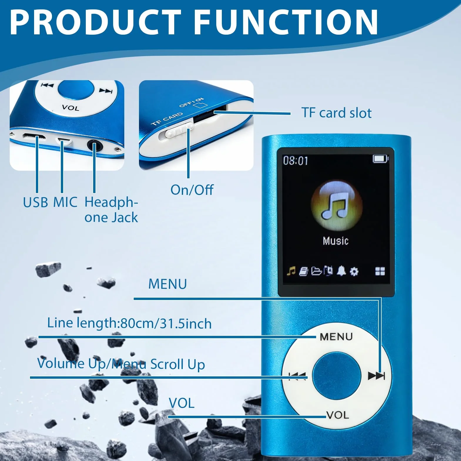 Reproductor MP3 MP4 Portátil con Pantalla LCD 1.8 Pulgadas, Radio FM, Grabación y Auriculares - Azul