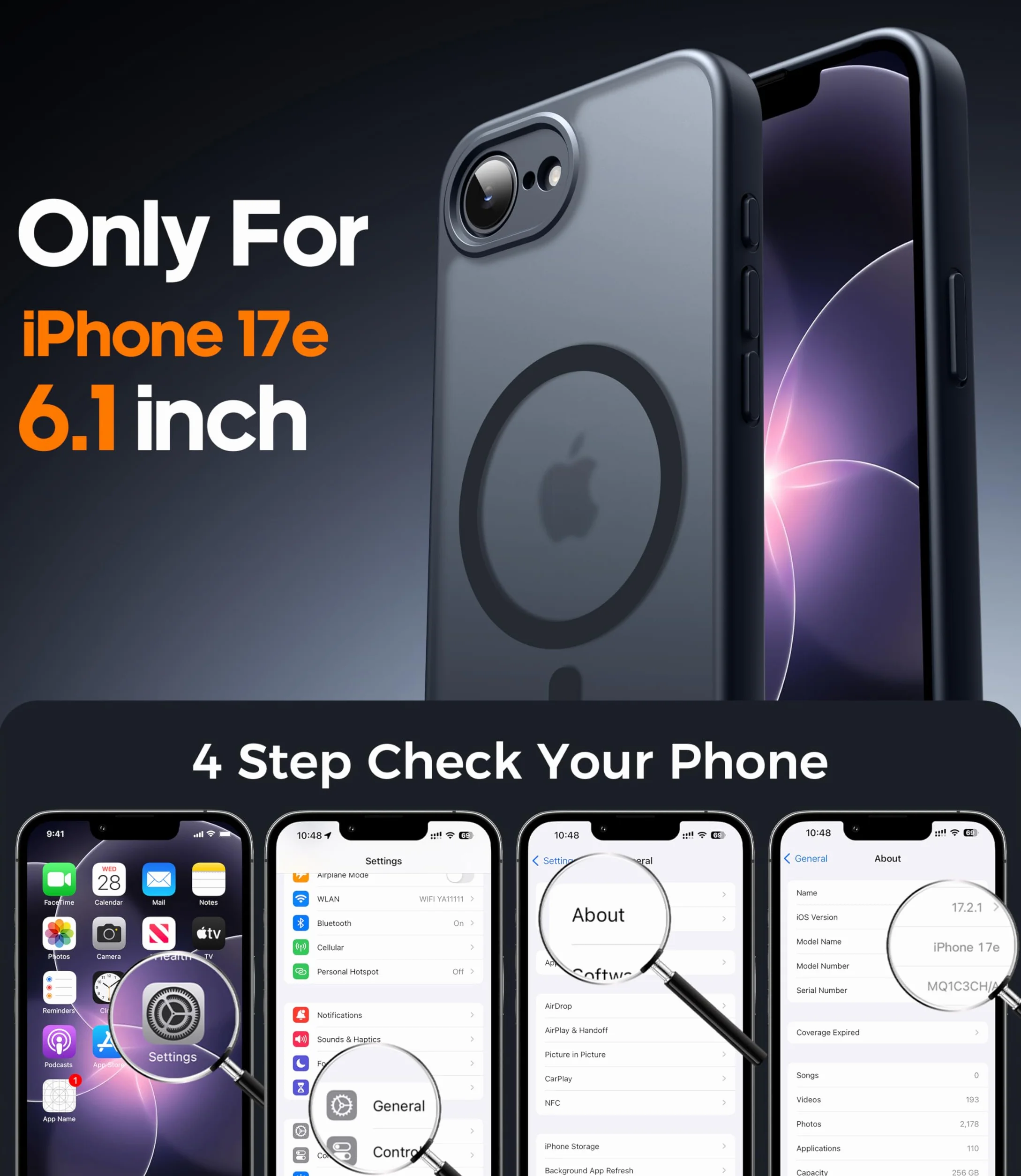 FLLAO Funda para iPhone 16e / iPhone 17e, Compatible MagSafe con 2 Piezas Protector de Pantalla Cristal Templado, Magnética Carcasa iPhone 17e / 16e Translúcida Mate Trasera Fina Antigolpes, Negro