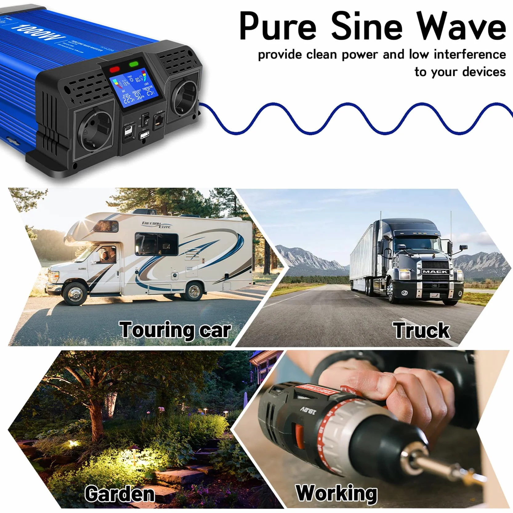 1000W/2000W Inversor 12v 220v Onda Pura con Mando a Distancia, 2 Tomas UE, 2 Puertos USB + Tipo-C, para electrodomésticos, caravanas, Camping Conversor de Voltaje.