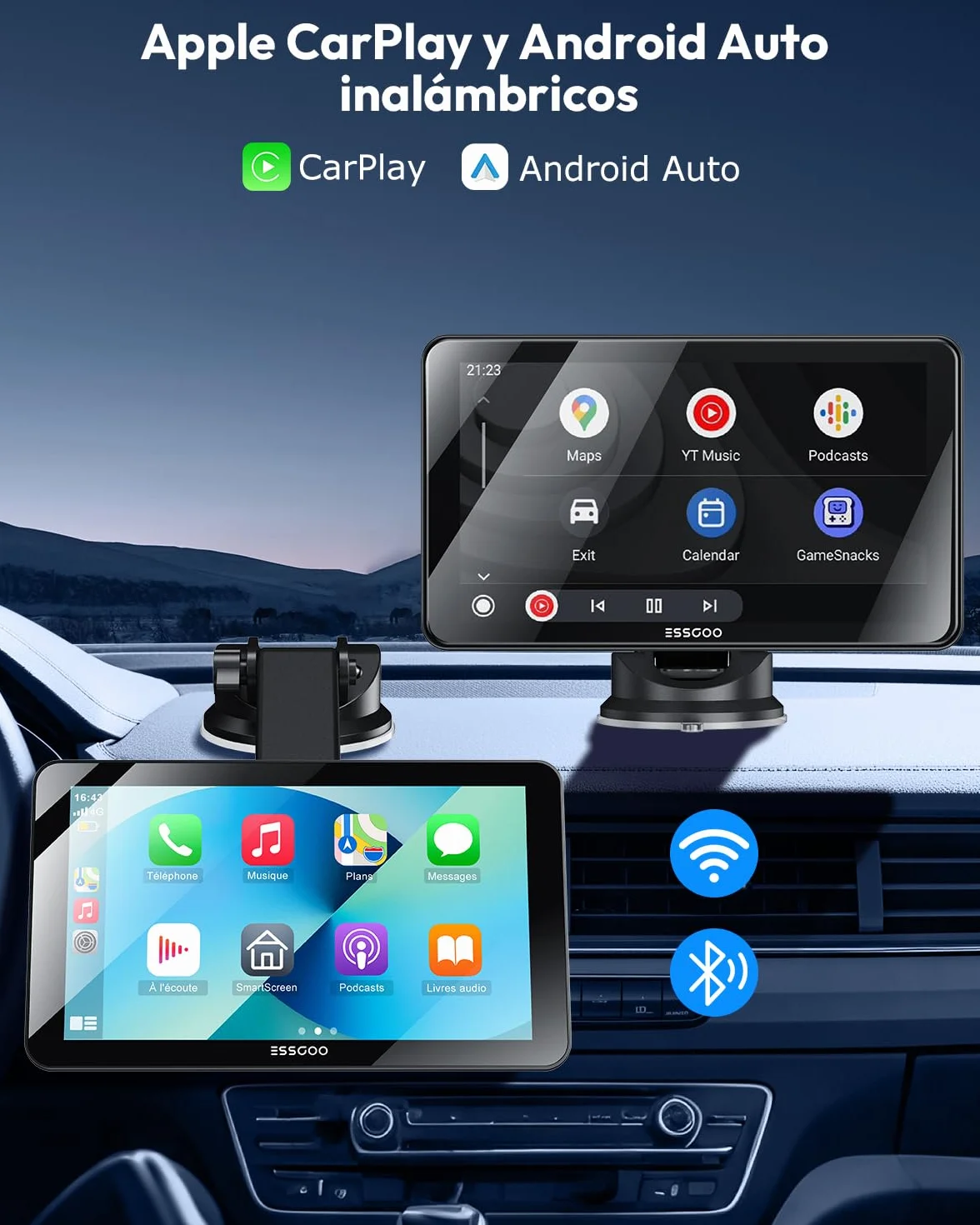 ESSGOO Pantalla Carplay Coche con Cámara Retrovisora,7 Pulgadas Apple Car Play Android Auto Inalámbrico,Pantalla Táctil Portátil Radio Coche con Bluetooth,Airplay,Mirror Link,FM,AUX,Siri,Navegación