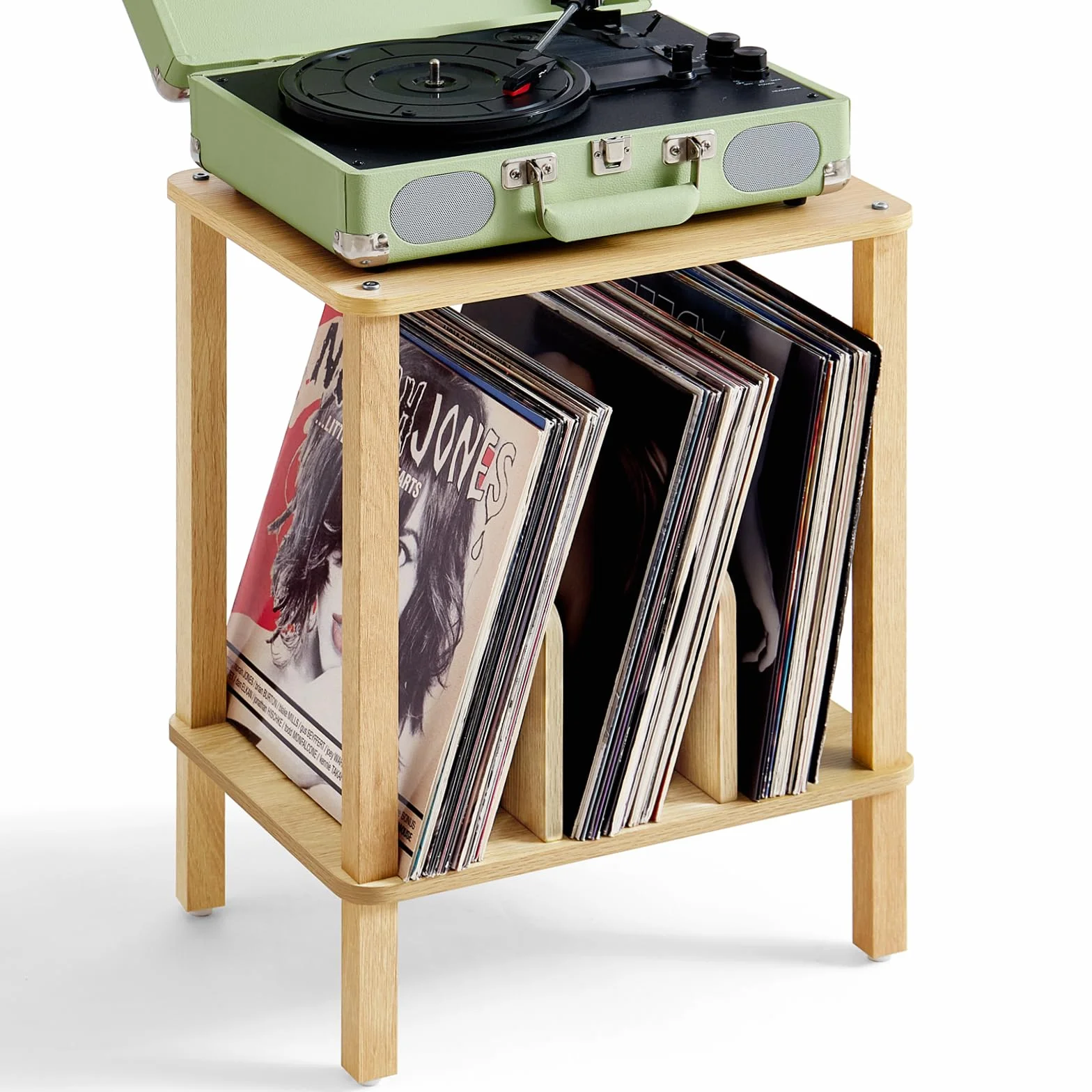 LELELINKY Soporte giradiscos de bambú de 2 Niveles con Estuche para Discos de Vinilo de hasta 100 álbumes, Mesa de Centro Multifuncional para el salón,Madera Natural