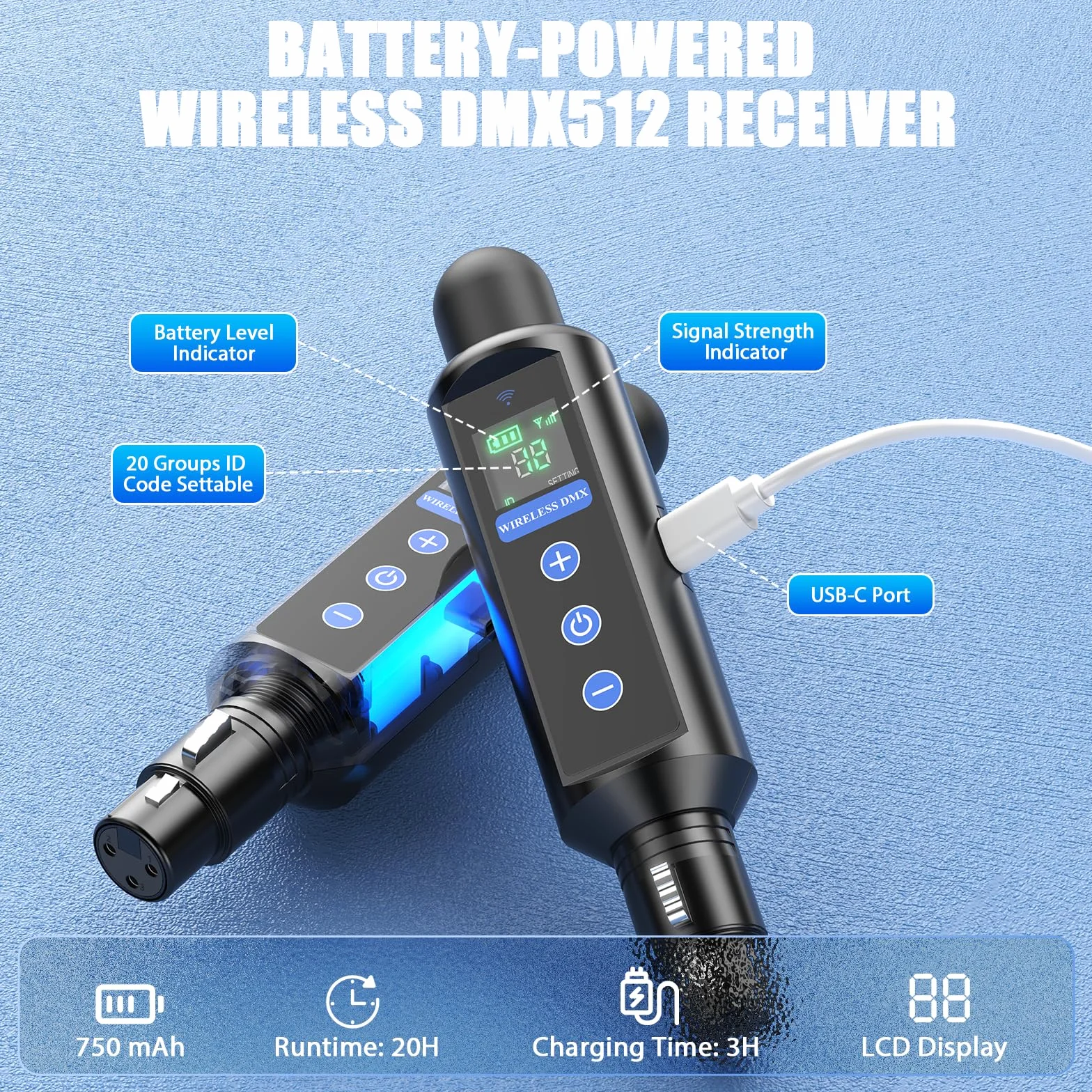 Controlador DMX inalámbrico con caja, DMX512 transmisor inalámbrico /3 receptores, receptor recargable con pantalla táctil, Uso continuo durante 20 horas