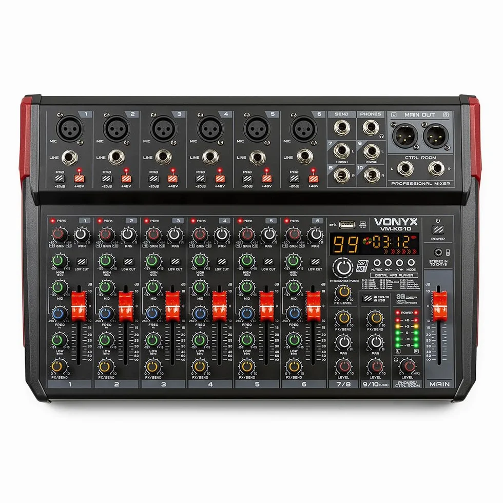 Vonyx VM-KG10 Mesa mezcladora de música de 10 canales con interfaz de audio USB, Bluetooth y efectos DSP integrados