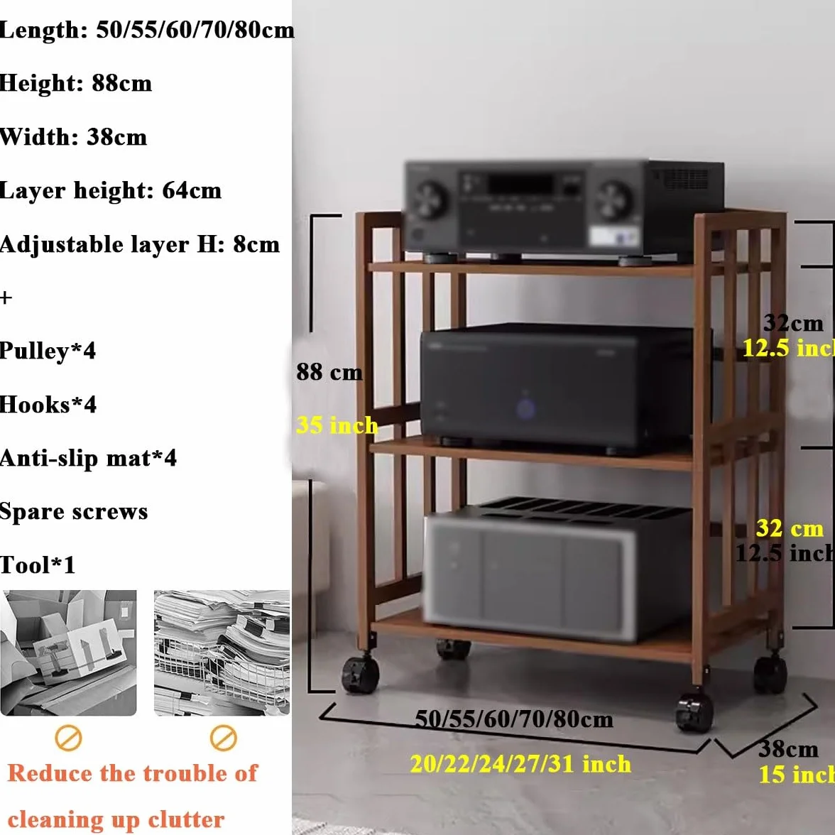 Mueble Equipo Hifi Mueble estéreo de 3 niveles, estantería de almacenamiento de medios de gran capacidad for estanterías de equipos de audio y video, estantería de esquina con estante ajustable/ruedas